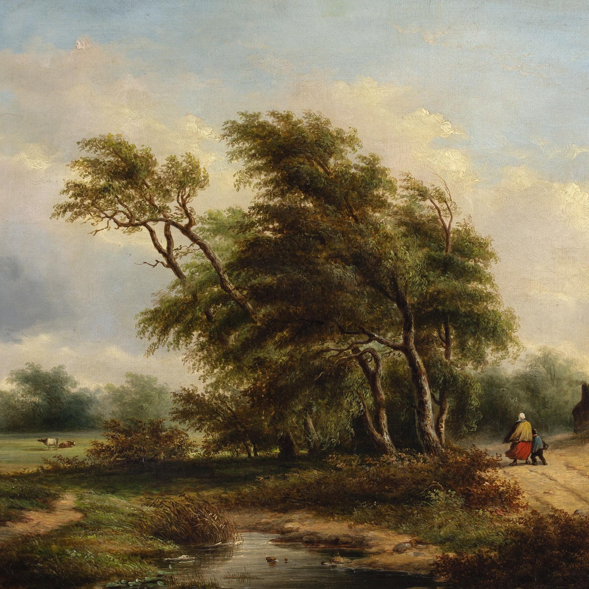 École belge du milieu du XIXe siècle, paysage balayé par le vent avec chalet en vente 4