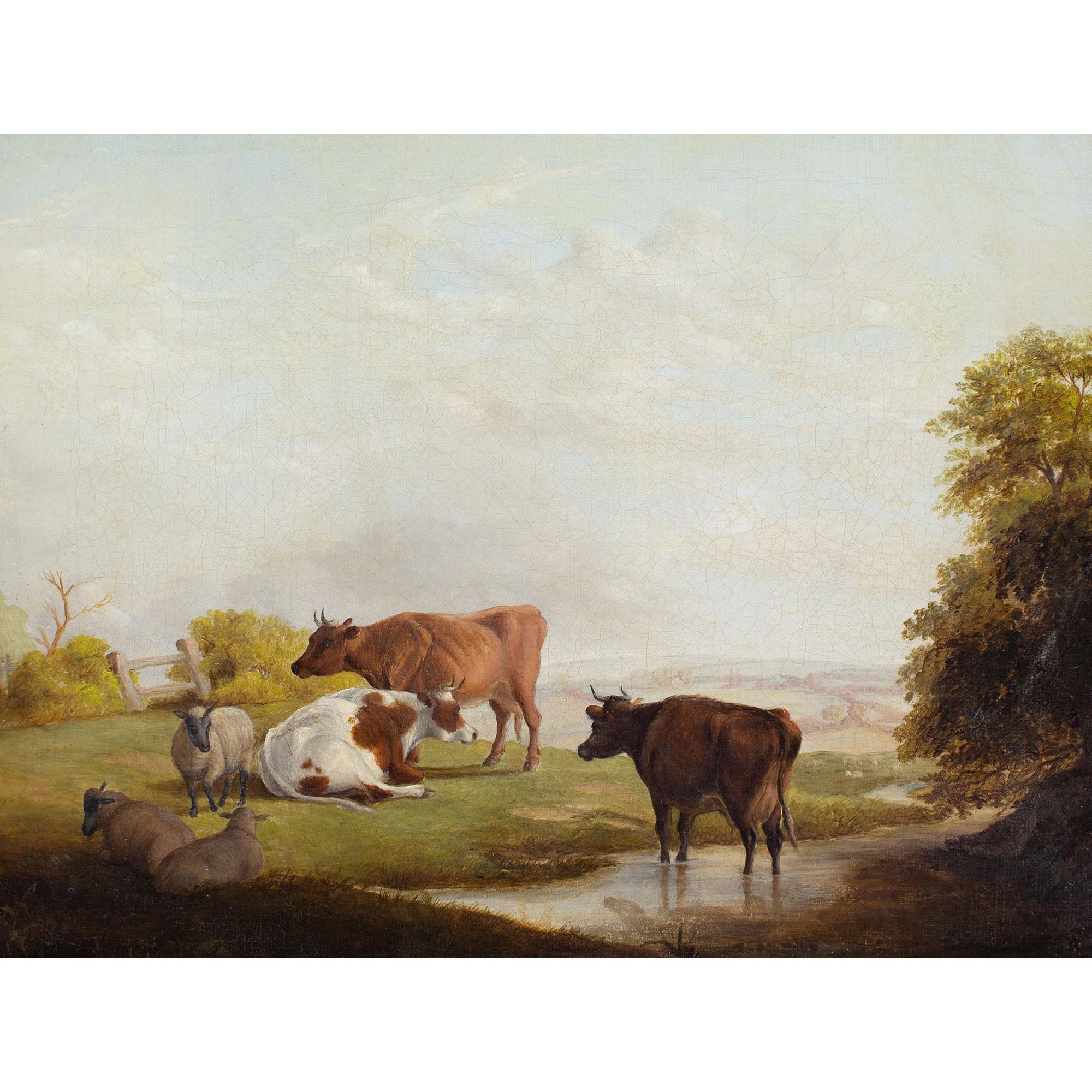 Mid-19th-Century English School, Landscape With Grazing Cattle & Stream - Painting by Unknown
