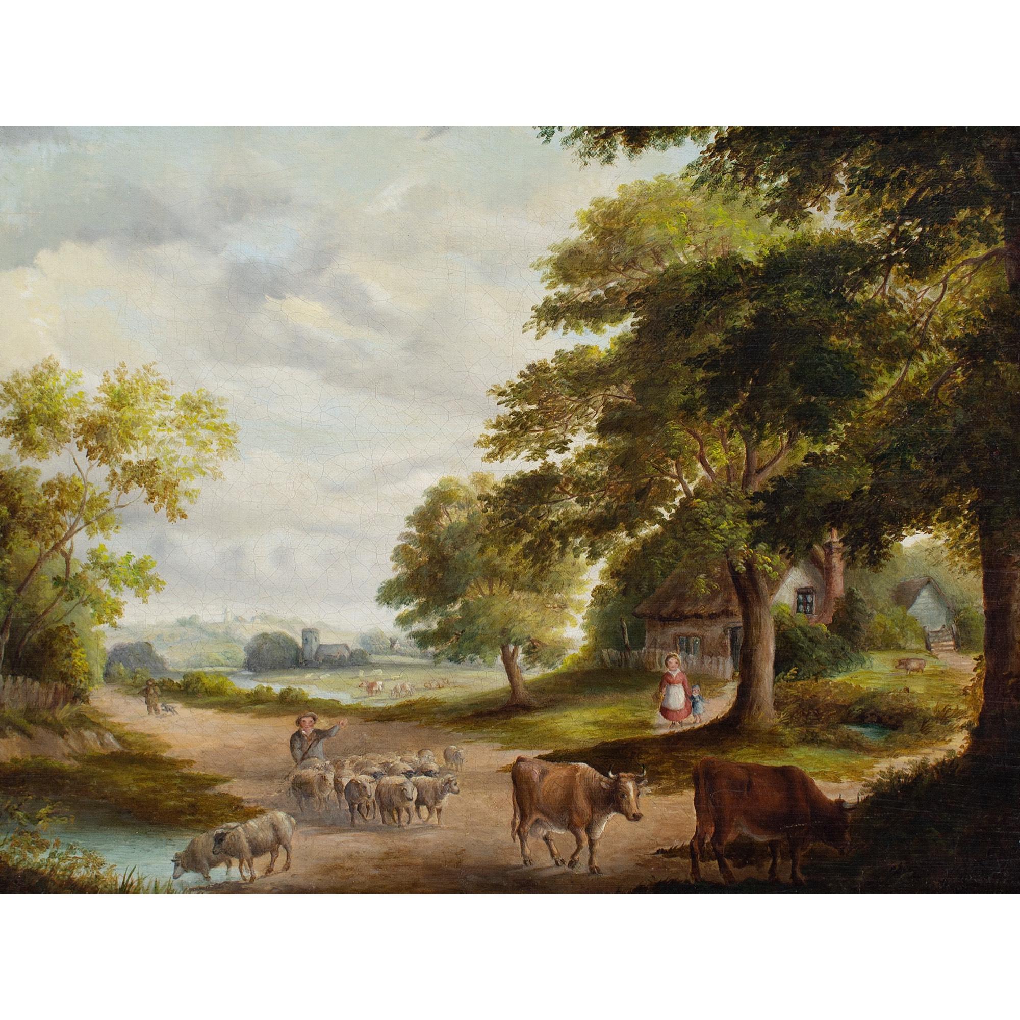 Mid-19th-Century English School, Rural Scene With Family, Cattle & Cottage - Painting by Unknown