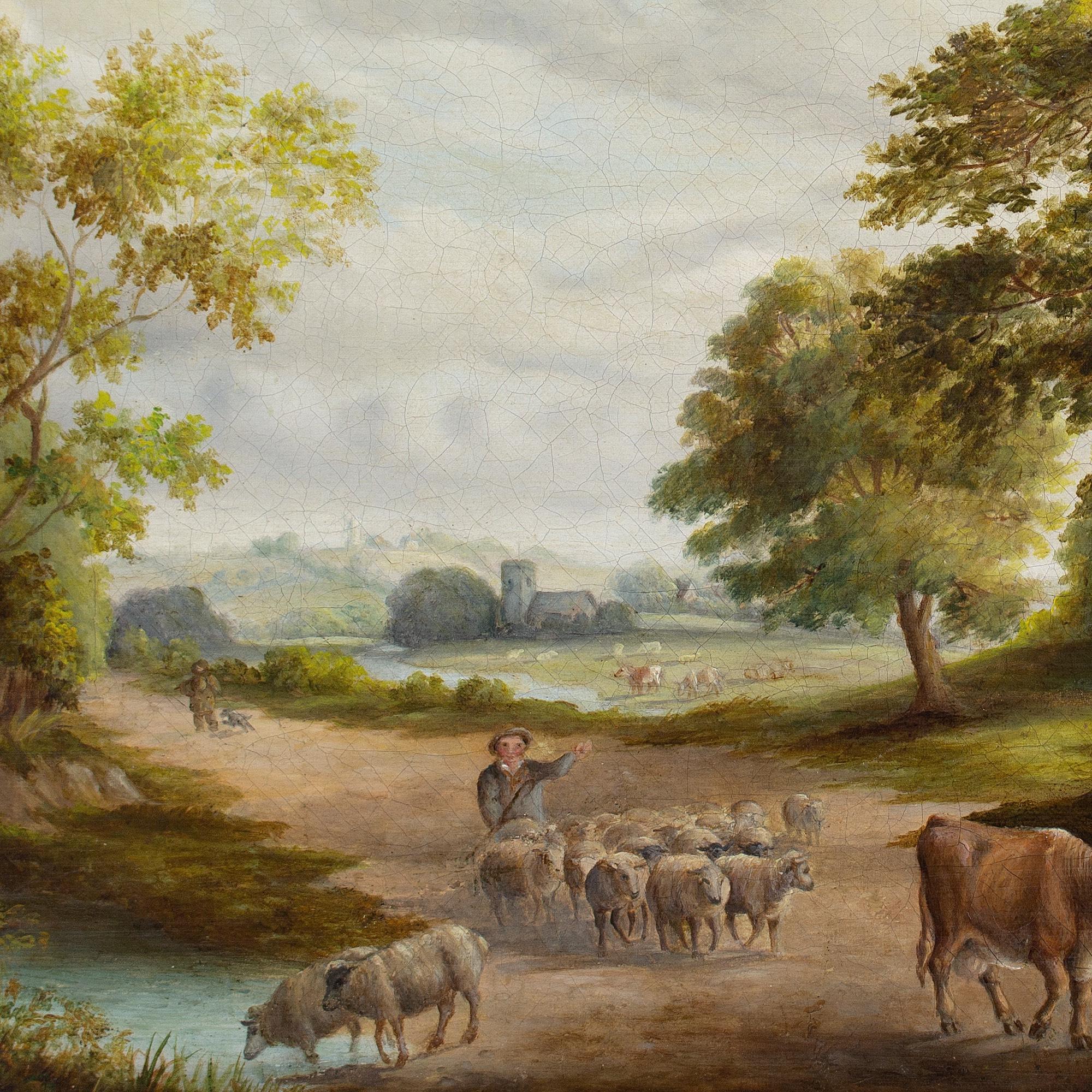 Mid-19th-Century English School, Rural Scene With Family, Cattle & Cottage For Sale 2