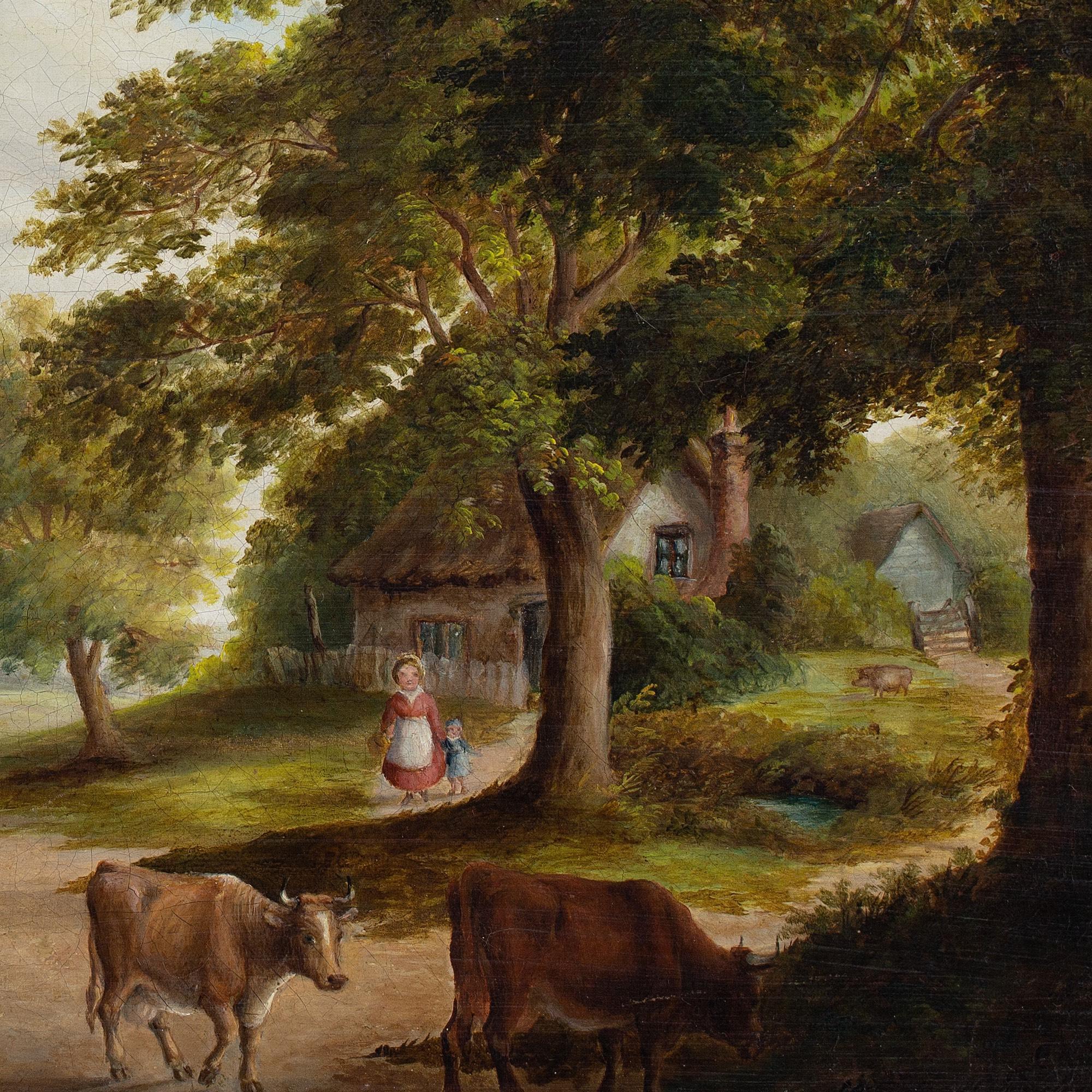 Mid-19th-Century English School, Rural Scene With Family, Cattle & Cottage For Sale 3