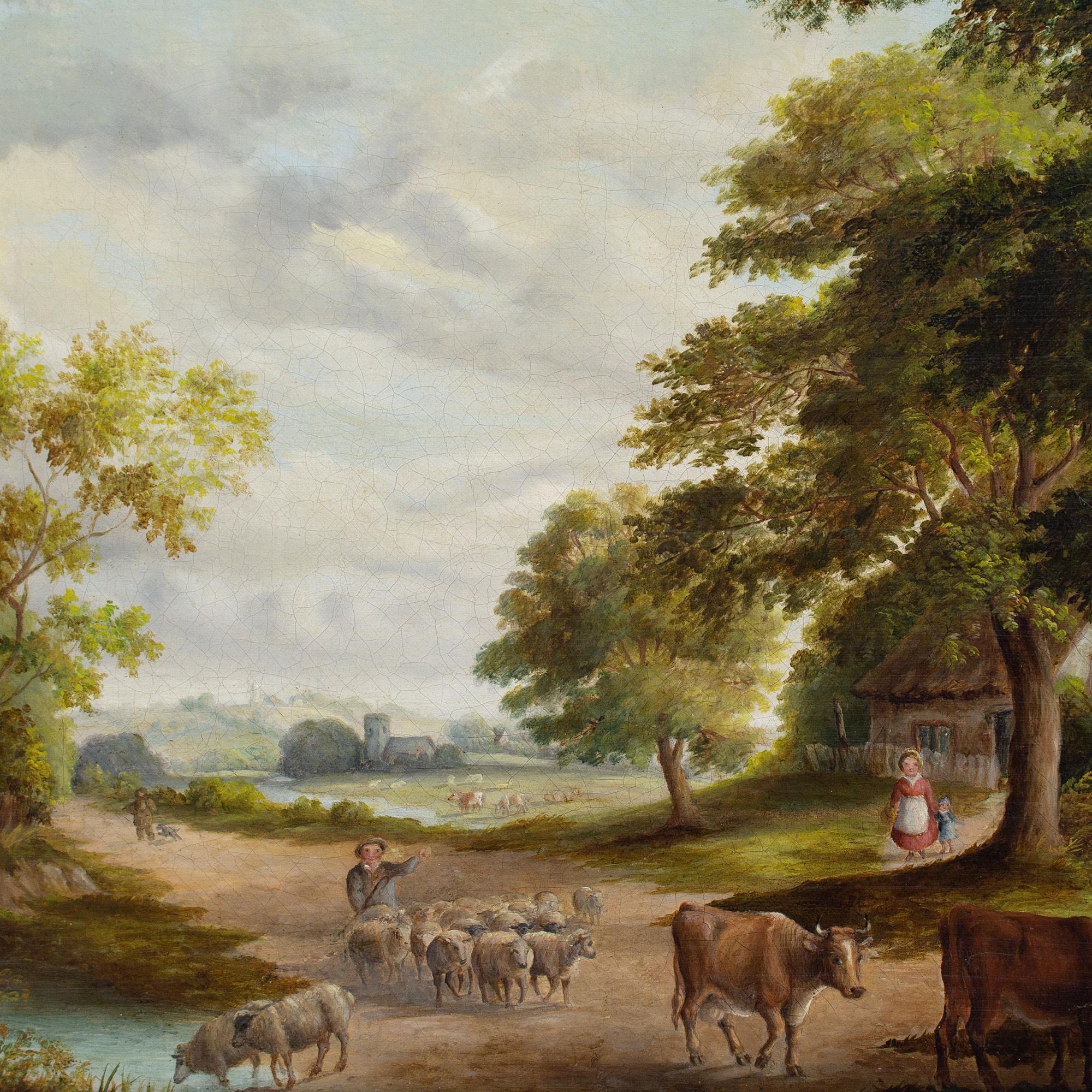 Mid-19th-Century English School, Rural Scene With Family, Cattle & Cottage For Sale 4