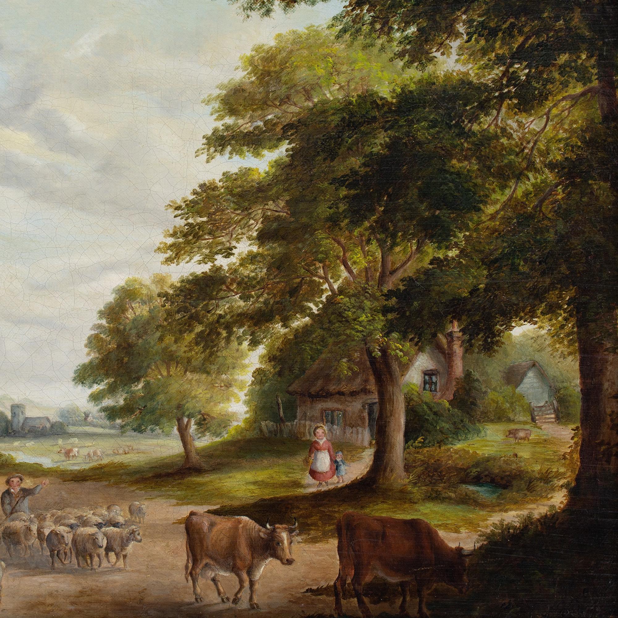 Mid-19th-Century English School, Rural Scene With Family, Cattle & Cottage For Sale 5