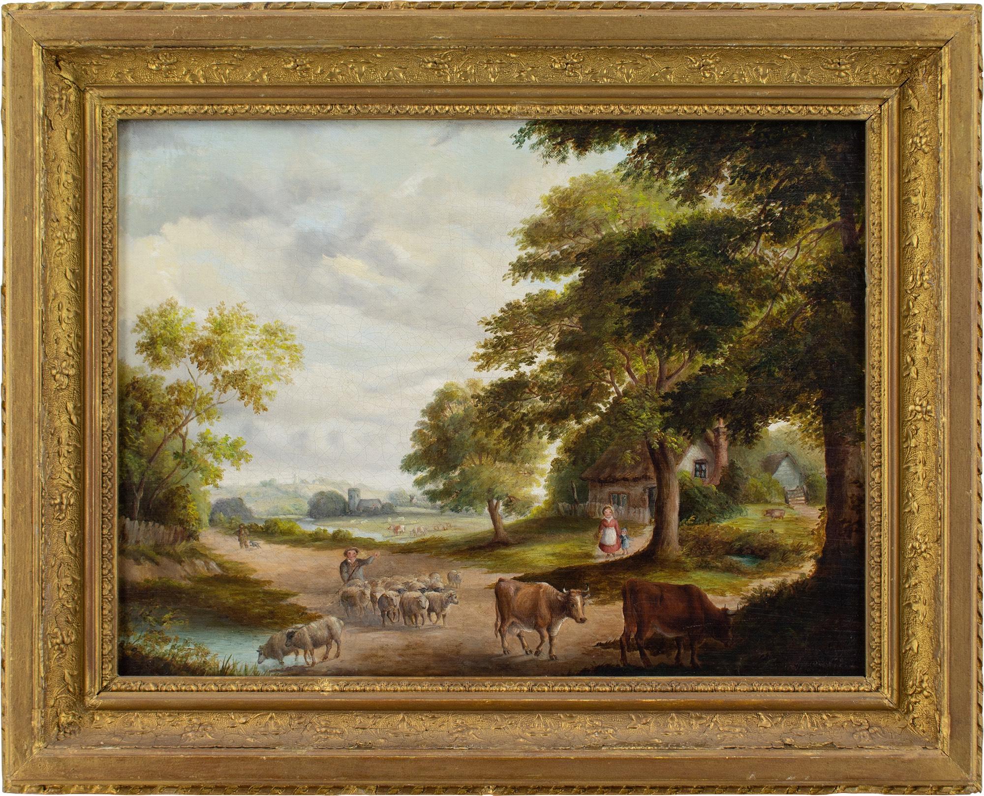 Unknown Animal Painting - Mid-19th-Century English School, Rural Scene With Family, Cattle & Cottage