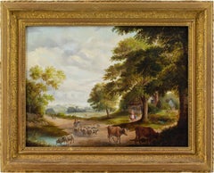 Mid-19th-Century English School, Rural Scene With Family, Cattle & Cottage