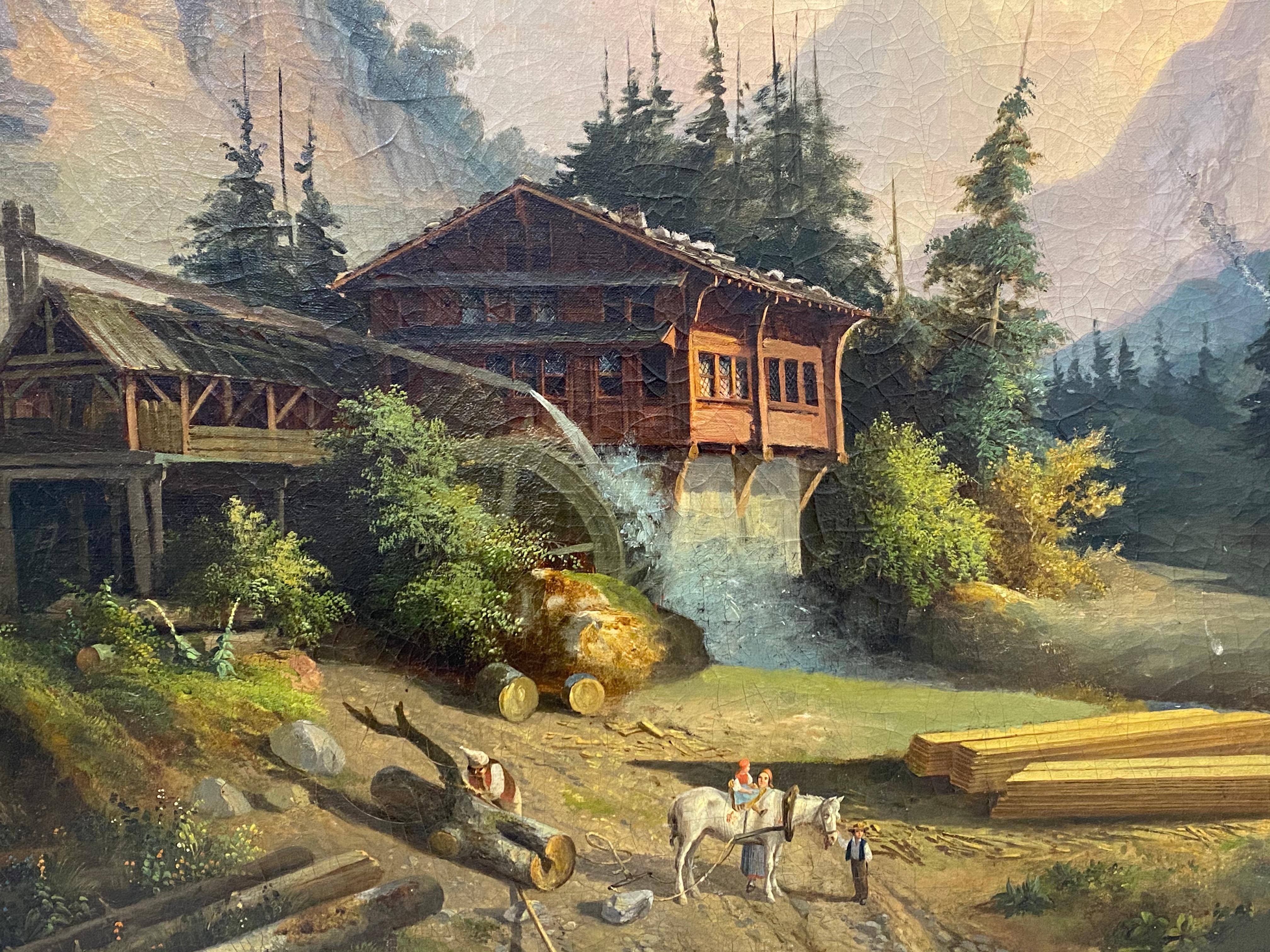 Mitte des 19. Jahrhunderts Europäische Schule „Russische Mühle“ Original Ölgemälde um 1850 (Braun), Landscape Painting, von Unknown