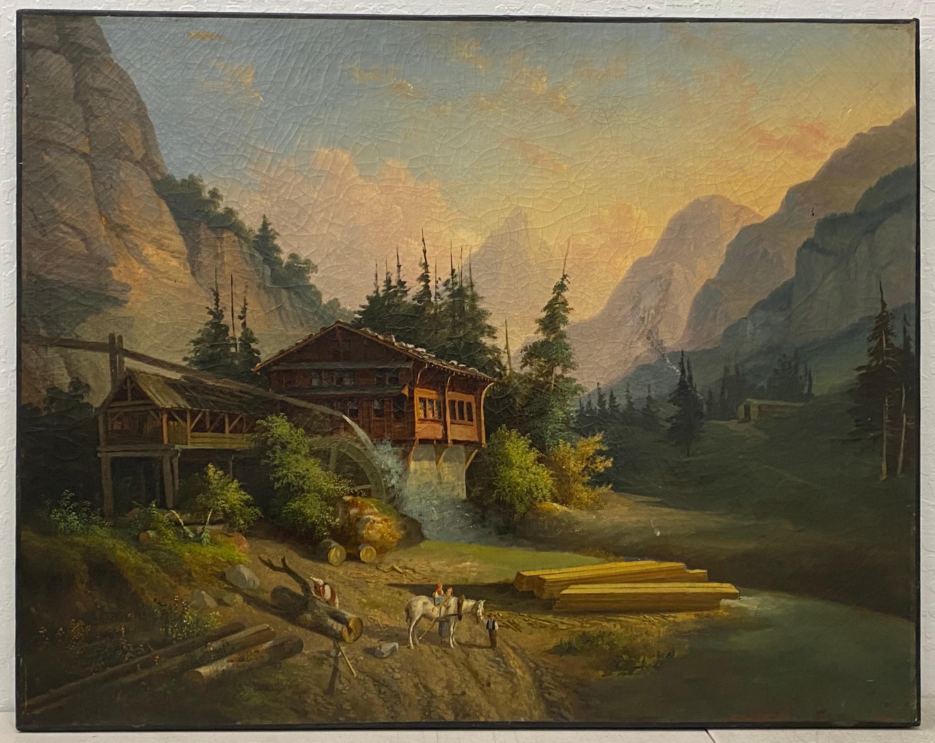 Unknown Landscape Painting – Mitte des 19. Jahrhunderts Europäische Schule „Russische Mühle“ Original Ölgemälde um 1850