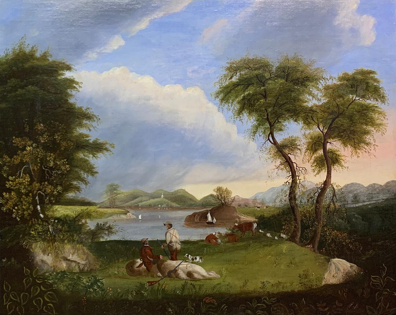Art populaire du milieu du 19e siècle Scène de chasse, paysage, animal et personnage, 1852 - Painting de Unknown