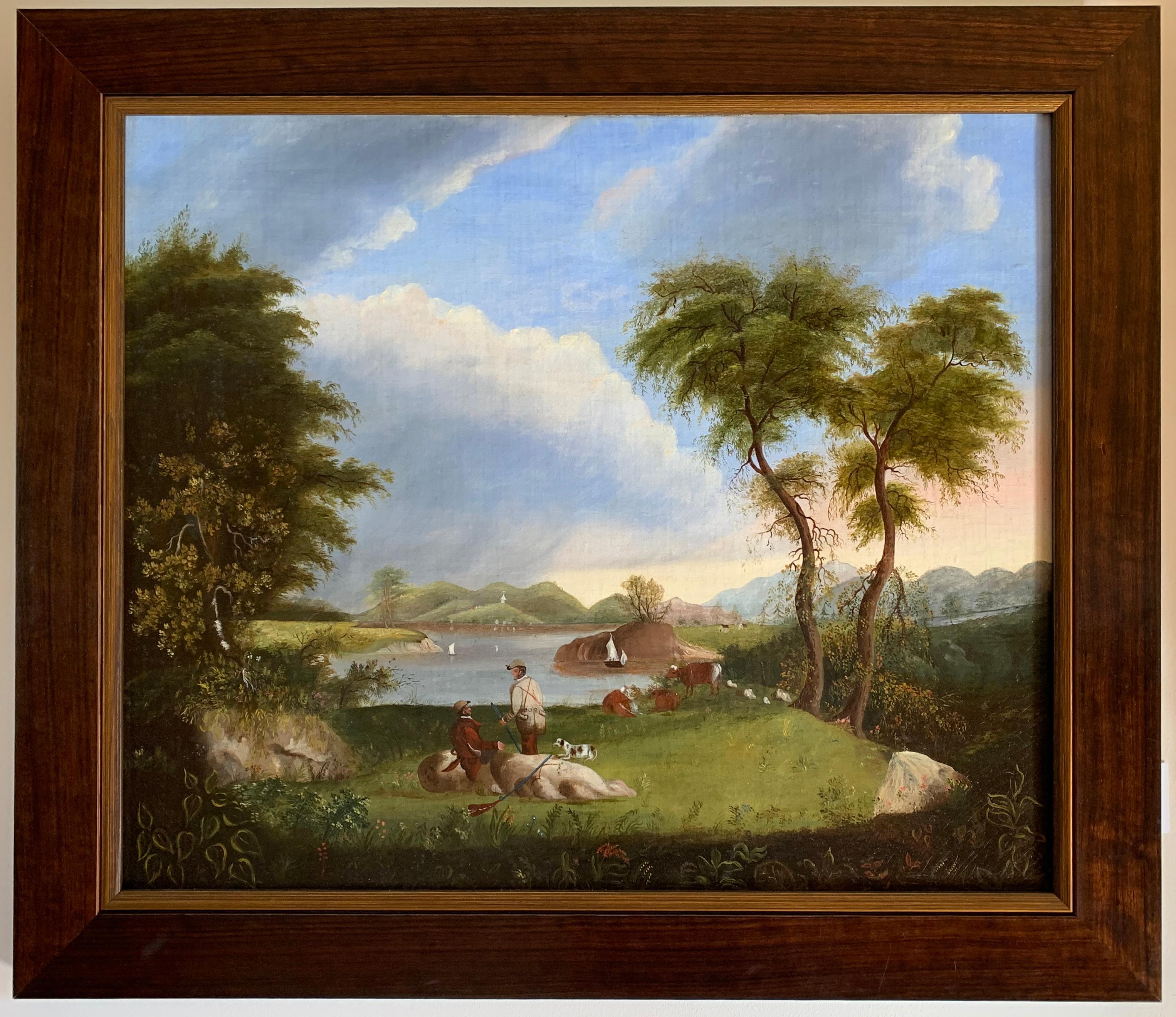 Mid 19th Century Folk Art Hunting Scene, Landscape, Animal and Figurative, 1852 - Painting by Unknown