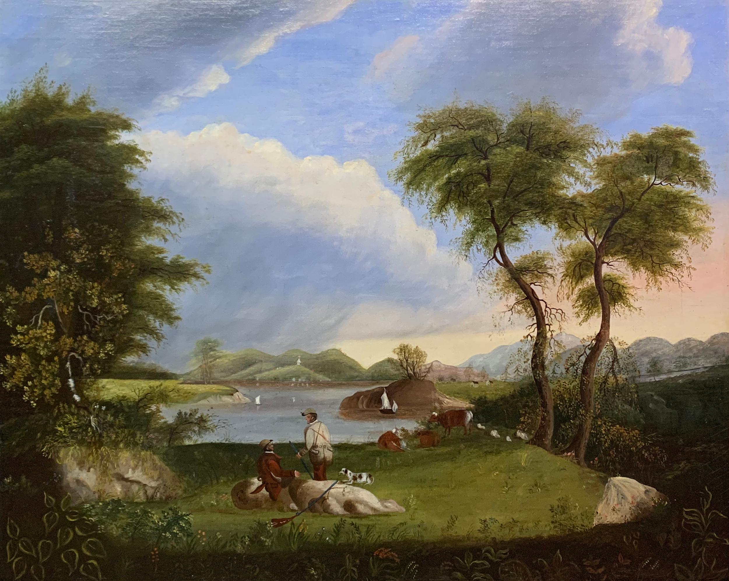 Mid 19th Century Folk Art Hunting Scene, Landscape, Animal and Figurative, 1852