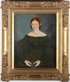 Antique Mid 19th Century Folk Art Oil Portrait - A Well Read Young Lady