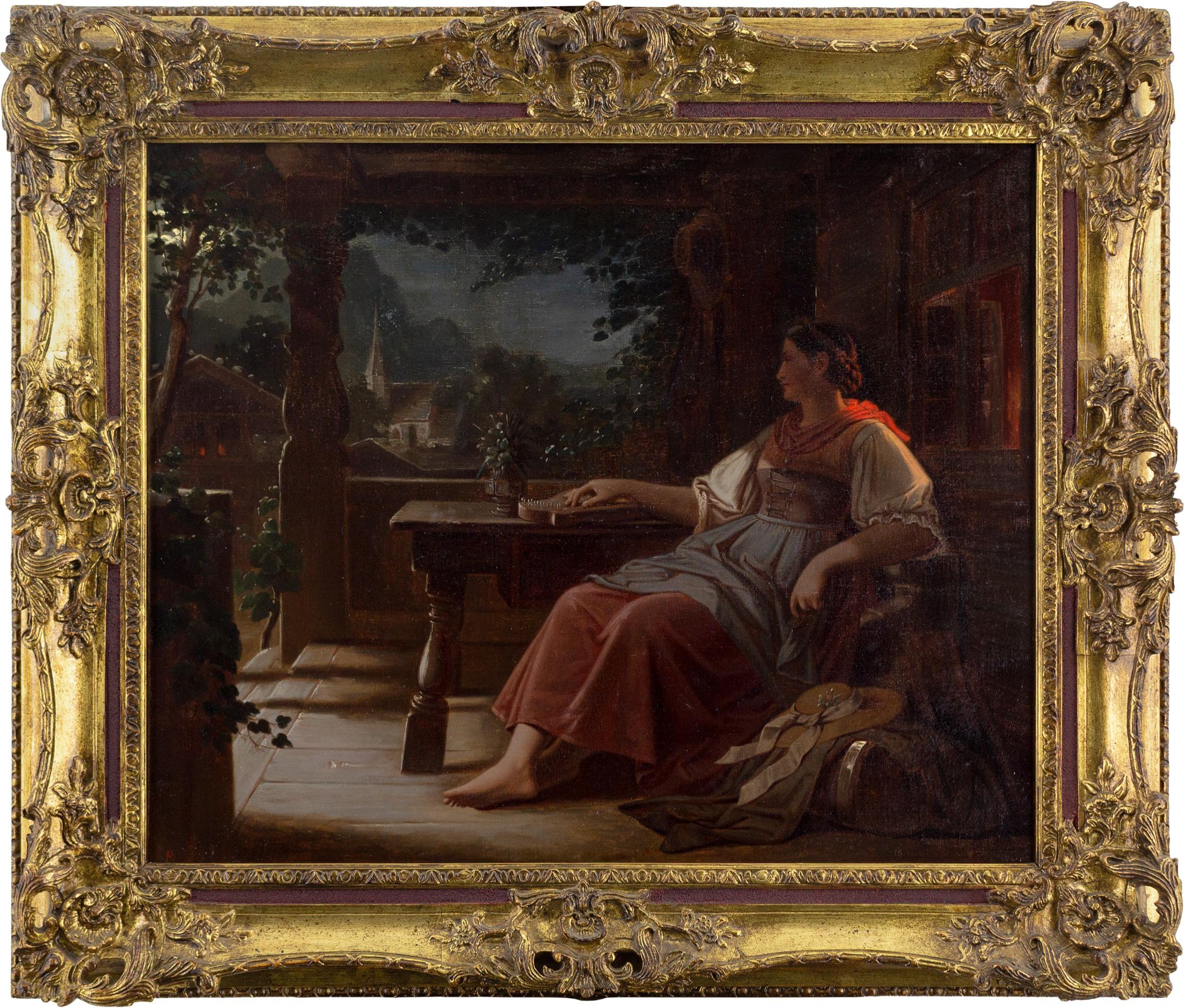 Unknown Figurative Painting - Mid-19th-Century Munich School, Nocturnal Alpine Scene With Woman Resting