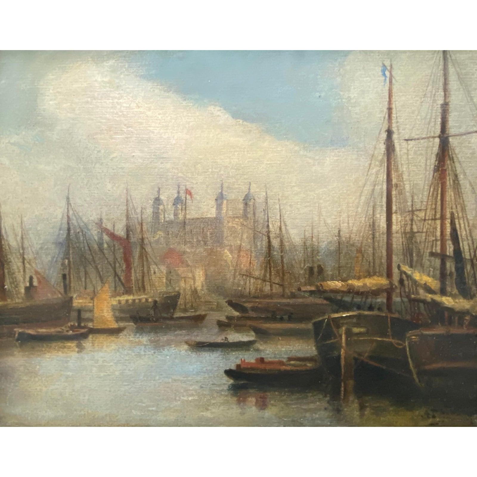 Mid 19th Century Nautical View of the River Thames, London Oil Painting - Impressionist Art by Unknown