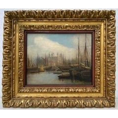 Antique Mid 19th Century Nautical View of the River Thames, London Oil Painting