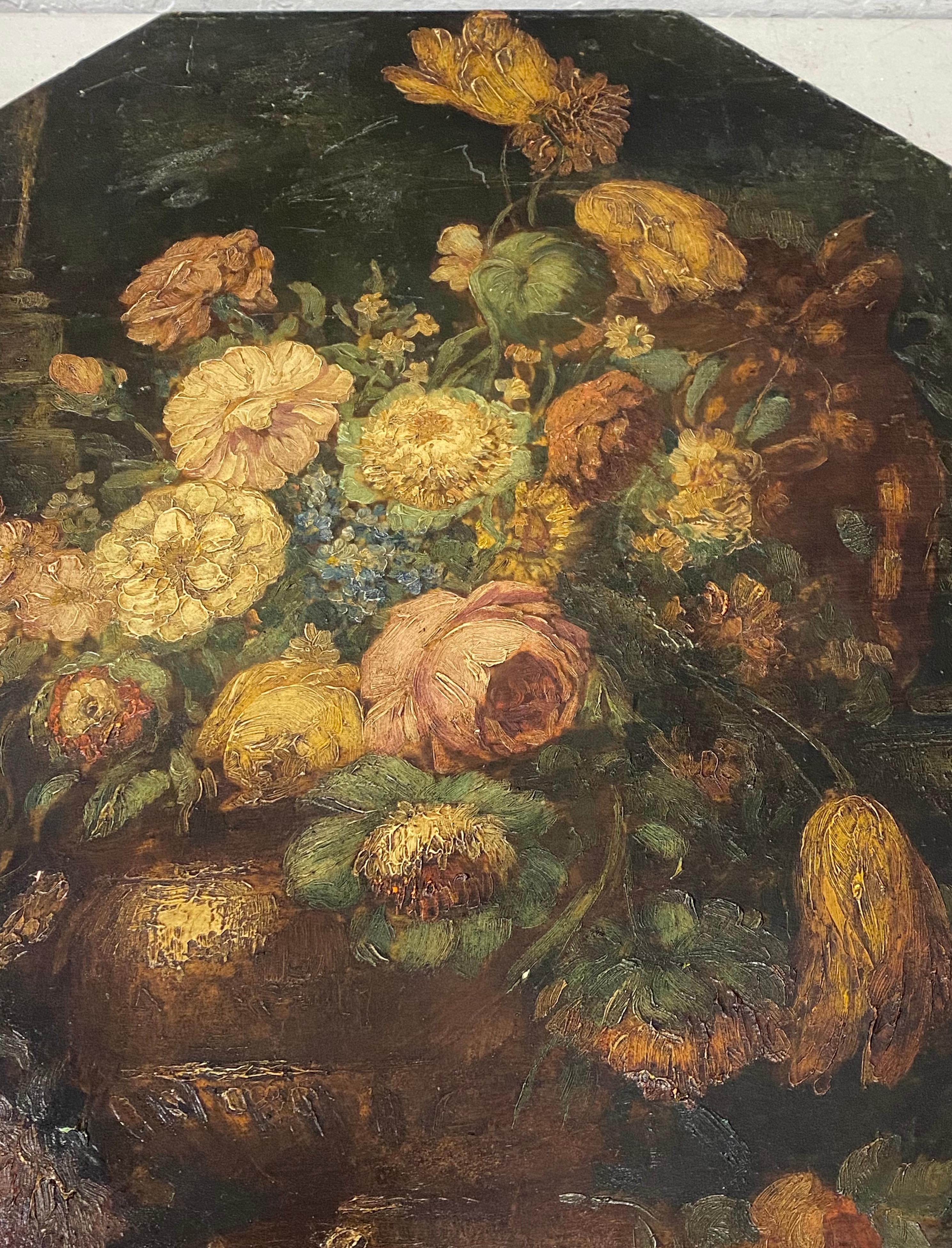 Mid 19th Century Octagonal Panel Floral Still Life Oil Painting 1