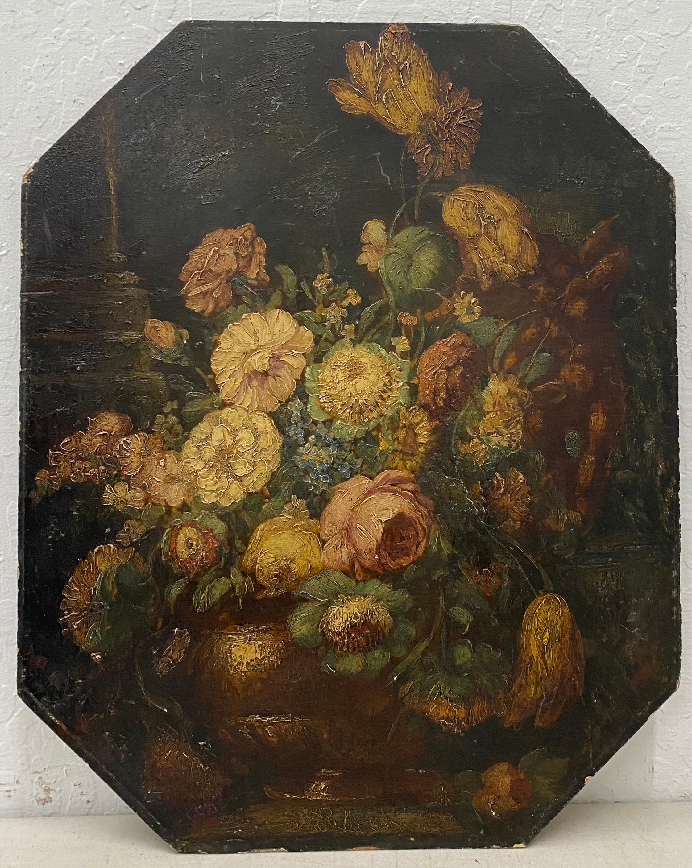 Unknown Still-Life Painting - Mid 19th Century Octagonal Panel Floral Still Life Oil Painting
