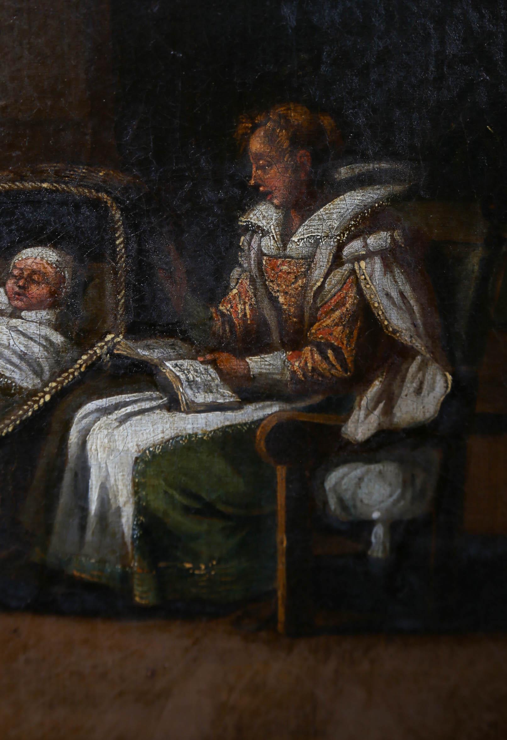 Huile du milieu du 19e siècle - Une histoire à dormir debout en vente 1