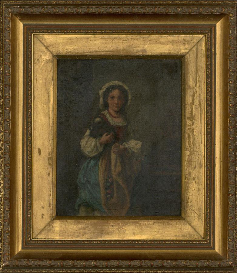 A three-quarter length portrait of a French maid with a harvest of flowers tumbling from her apron. She carries a vase for the flowers in her other arm, preparing to fill it with water at the decorative fountain behind her. Presented in a distressed