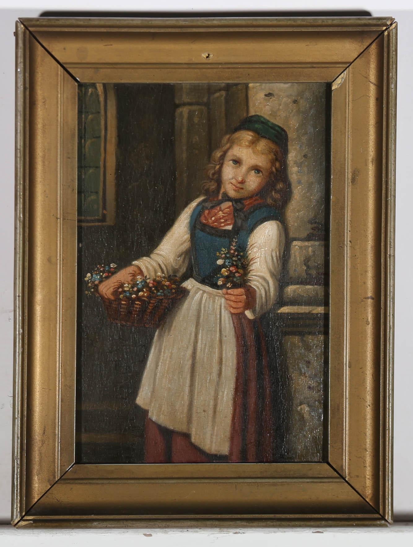 A delightful portrait of a young Victorian girl selling posies from a wicker basket. She holds a small bunch out to the viewer, with a kind expression. Unsigned. Presented in a simple gilt frame. On board. 