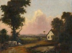 Antique Mid 19th Century Oil - A Stop at The Farmstead