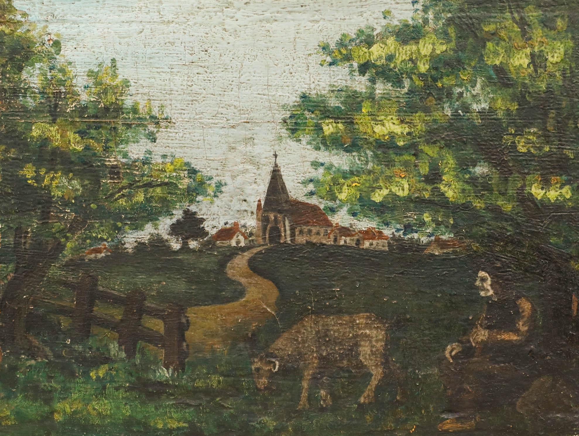 Öl aus der Mitte des 19. Jahrhunderts - Junge und seine Ziege – Painting von Unknown