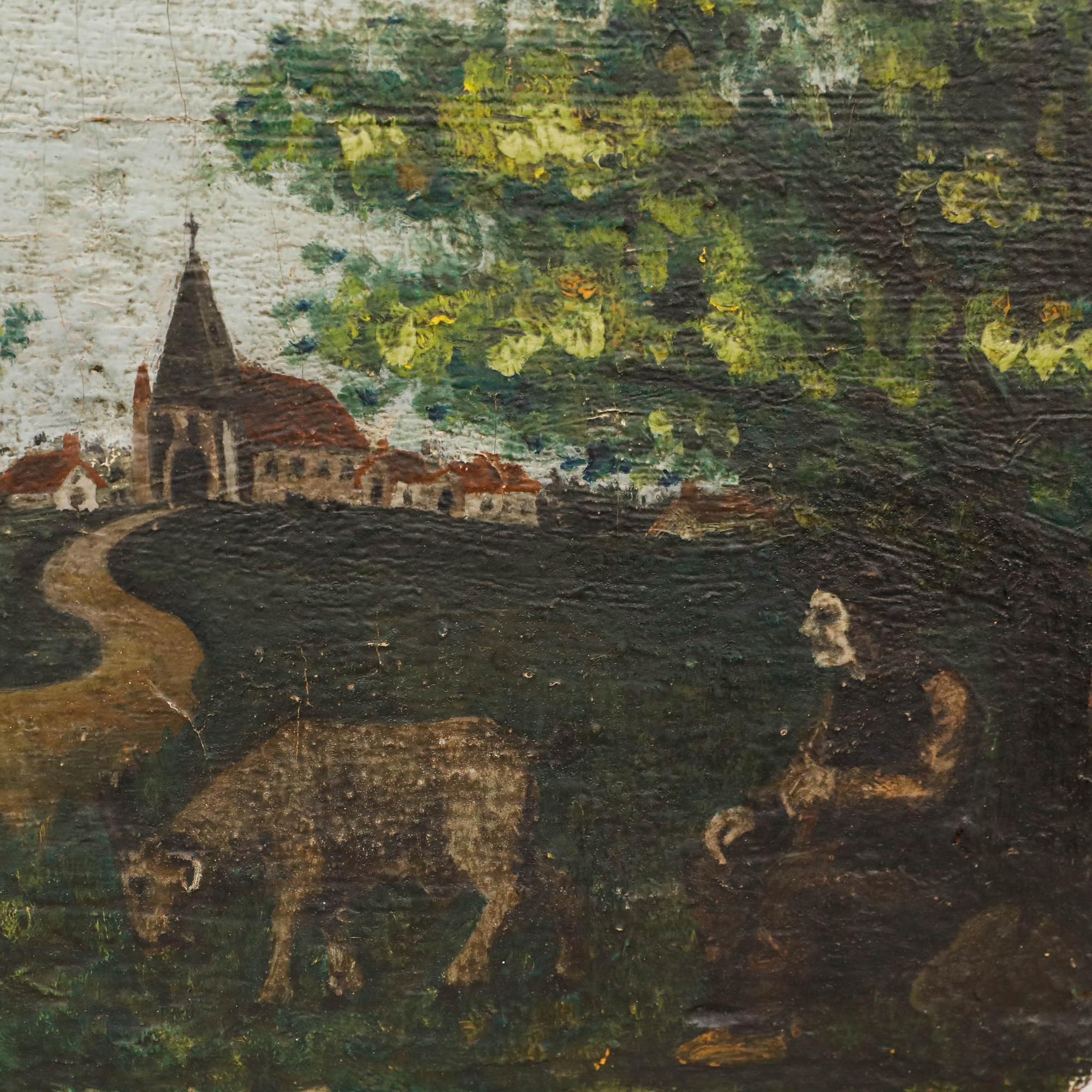 Eine charmante Szene, die einen Jungen zeigt, der seine Ziege am Rande eines europäischen Dorfes weidet. Dieses volkstümliche Stück ist in einem naiven Stil gehalten, der mit einfachen Formen den gewundenen Feldweg und die Sommerbäume darstellt.