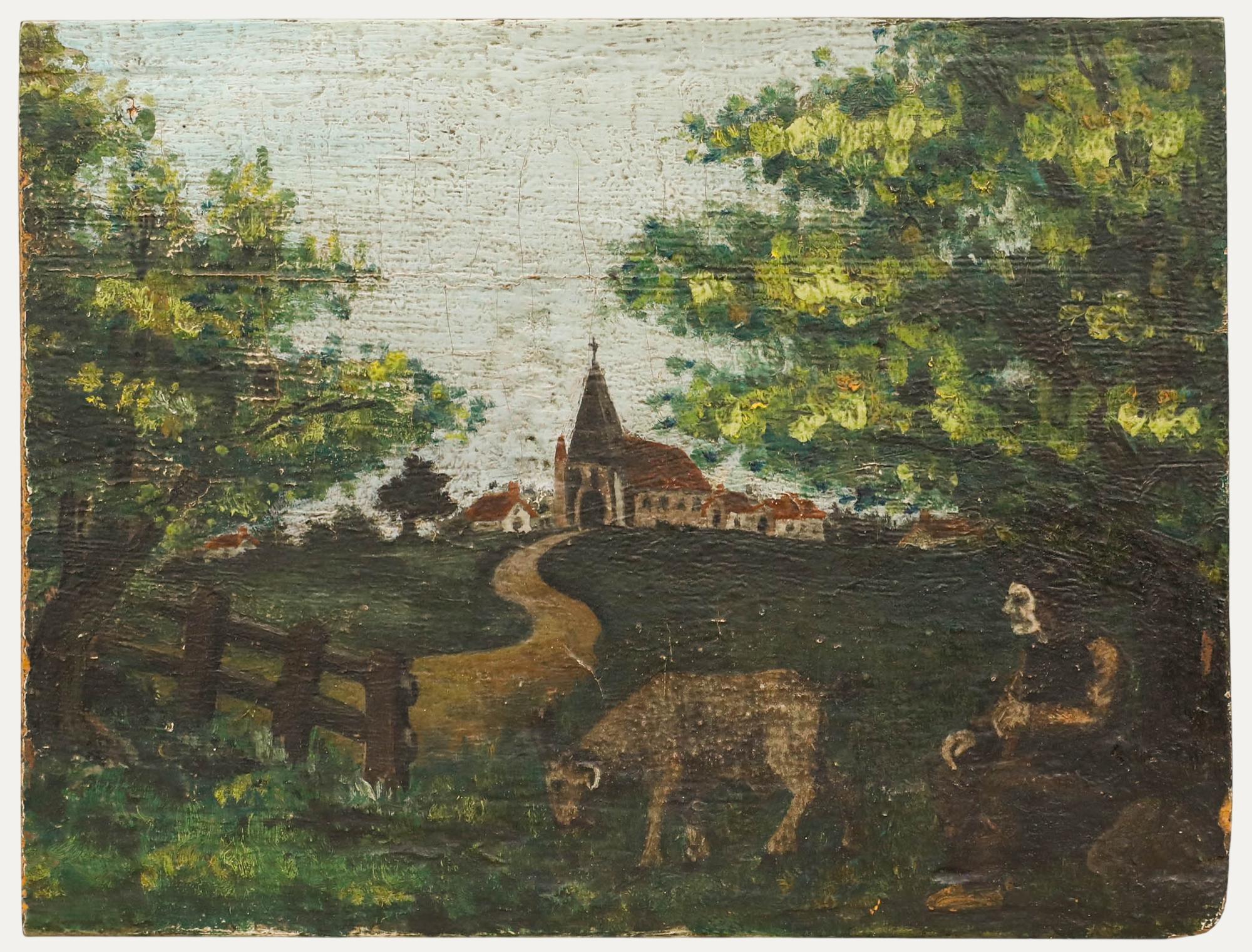 Unknown Figurative Painting – Öl aus der Mitte des 19. Jahrhunderts - Junge und seine Ziege