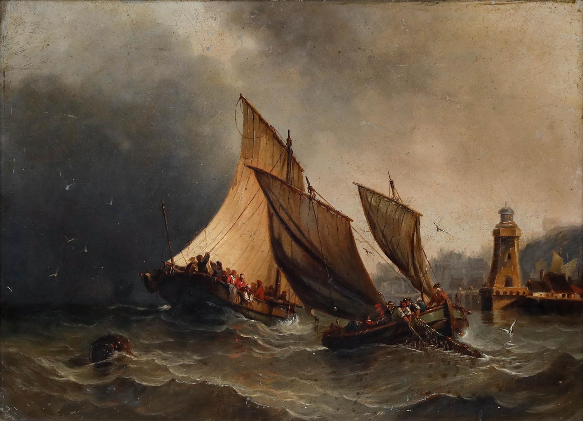 Mid 19th Century Oil - Fishing Boats Caught in a Storm - Painting by Unknown