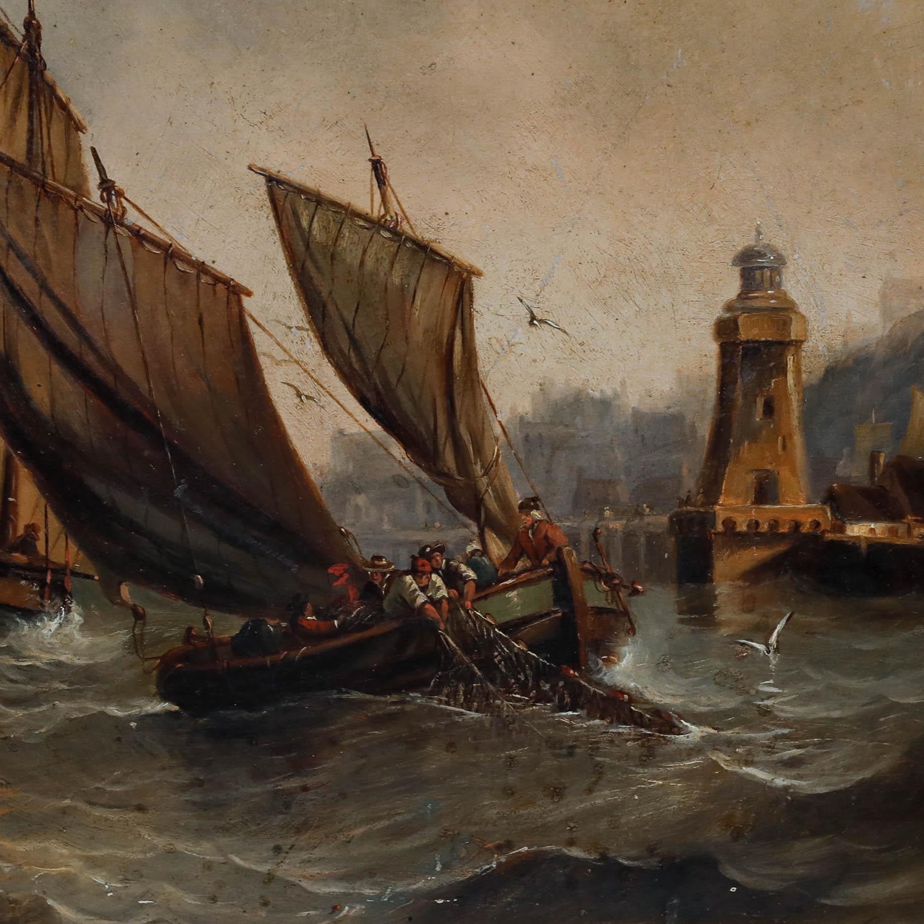 Mid 19th Century Oil - Fishing Boats Caught in a Storm For Sale 1