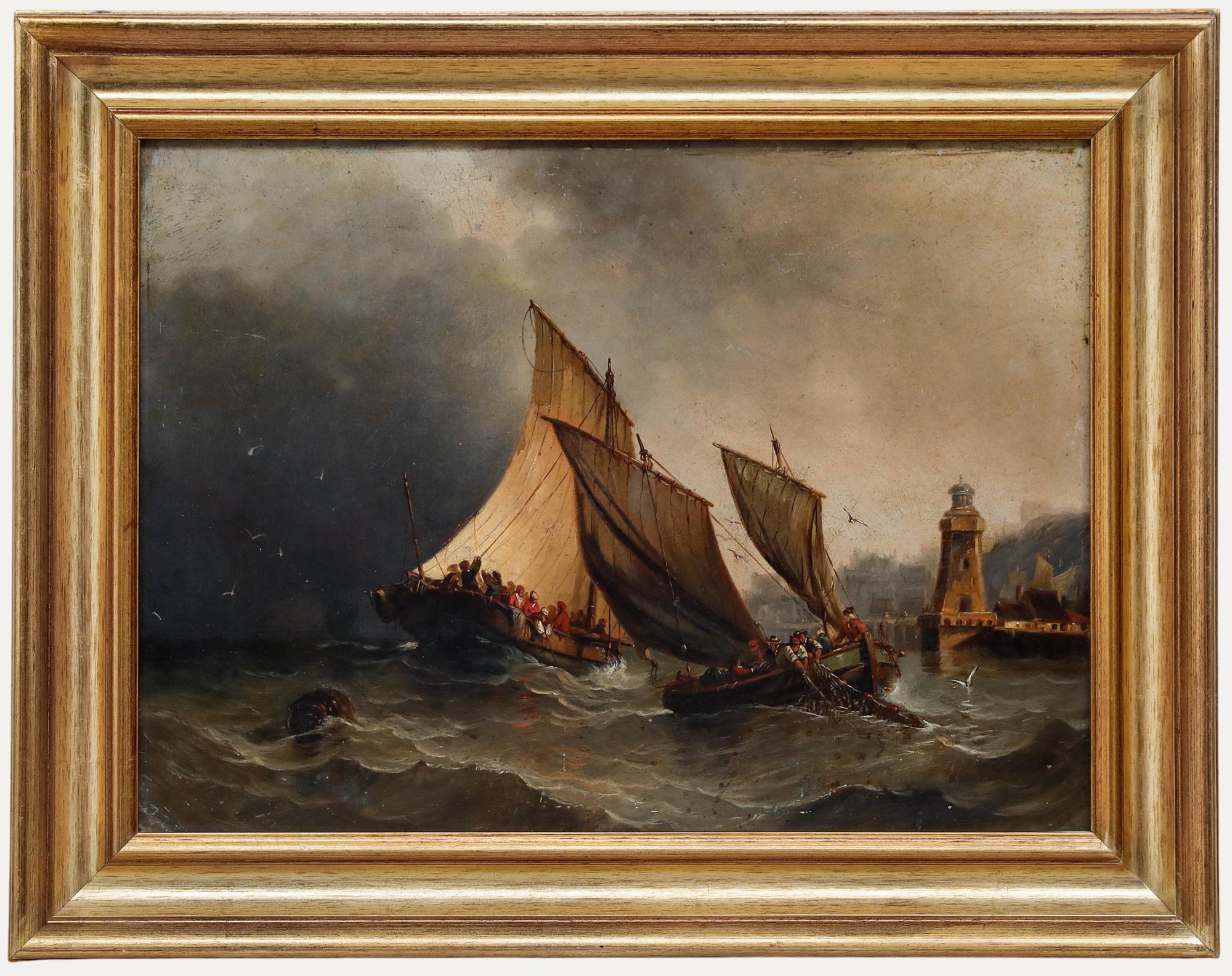Unknown Figurative Painting - Mid 19th Century Oil - Fishing Boats Caught in a Storm
