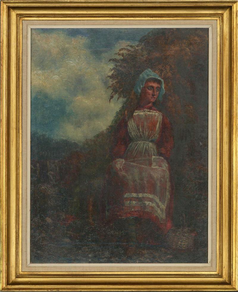 Mid 19th Century Oil - Girl With Basket - Painting by Unknown