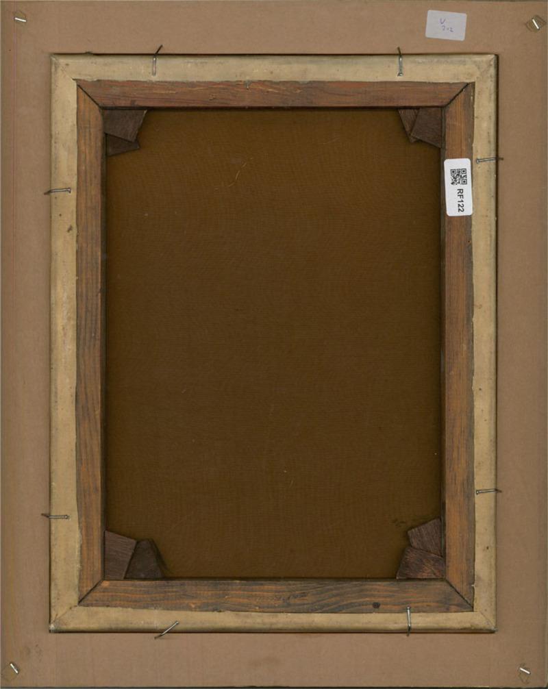 Sorprendente retrato de cuerpo entero de mediados del siglo XIX de una mujer joven con vestido rojo y bonete azul, sentada en una fianza de heno con una cesta a sus pies. El cuadro no está firmado y se presenta en un marco dorado. Sobre lienzo