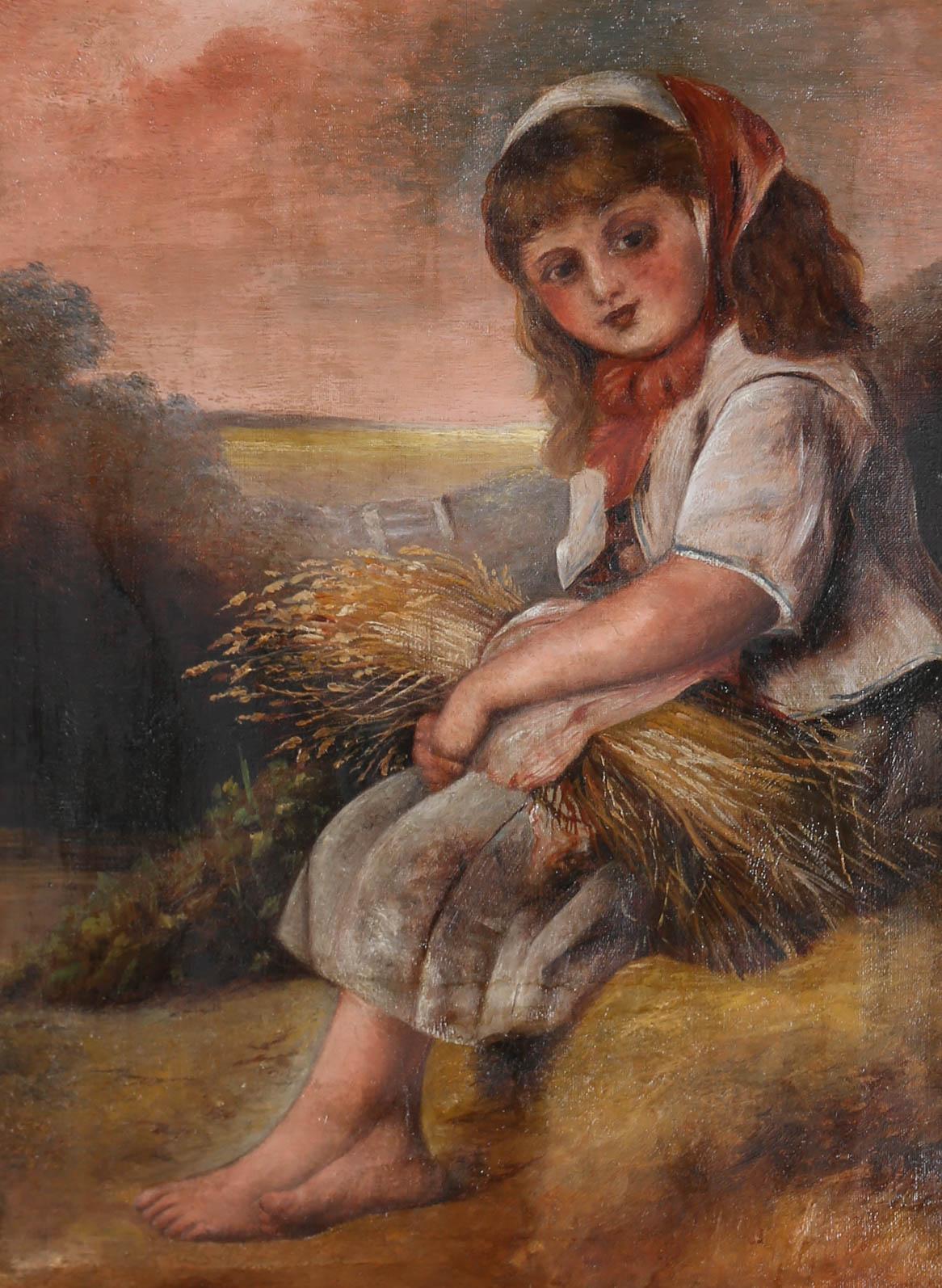 Mid 19th Century Oil - Girl with Wheat Sheaf - Painting by Unknown