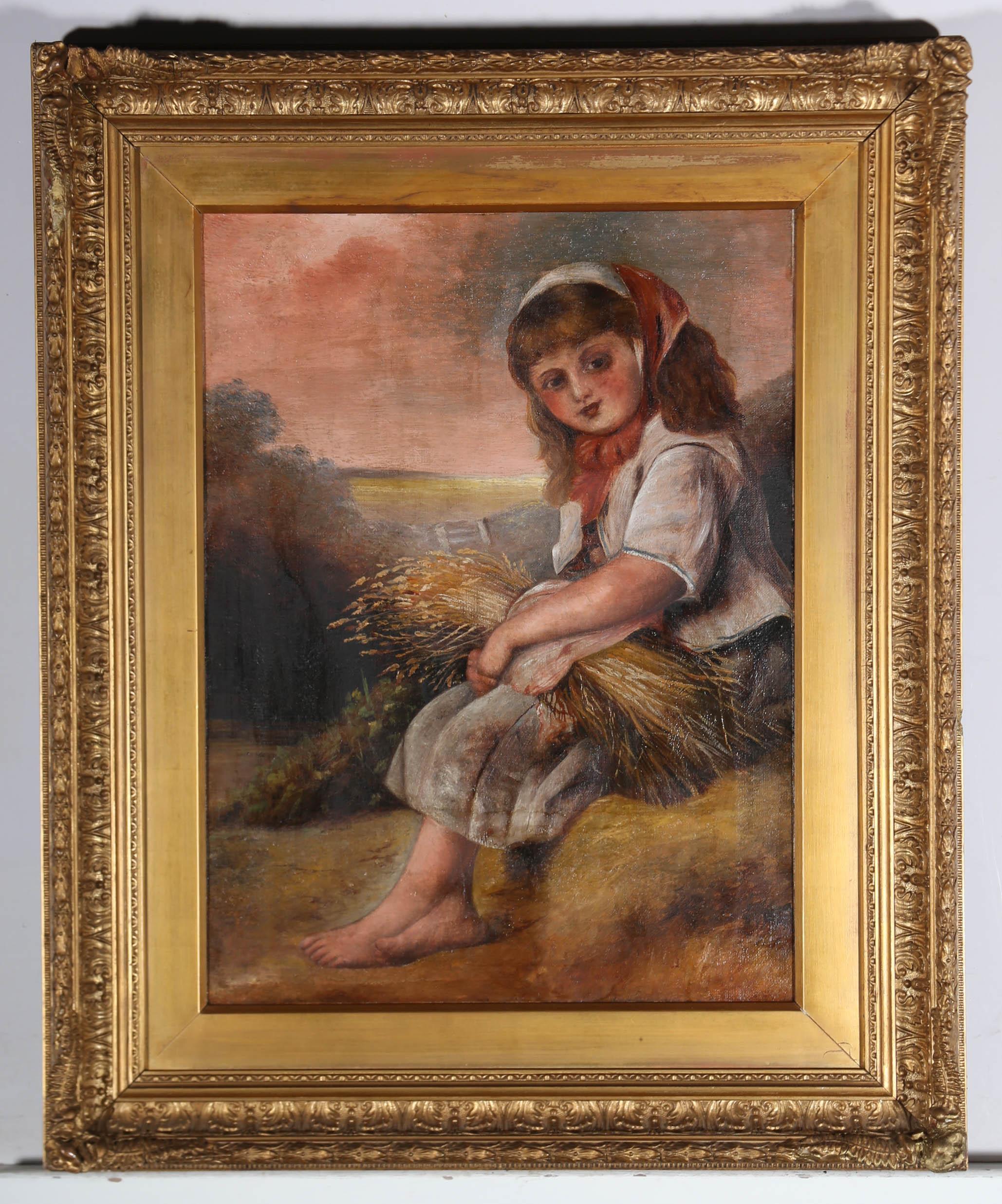 A delightful portrait depicting a young girl in a pastoral setting. He clutches her gathered wheat in her lap as proof of her days work as the sun begins to set on the horizon. The artist captures the scene in a naïve style in charming but