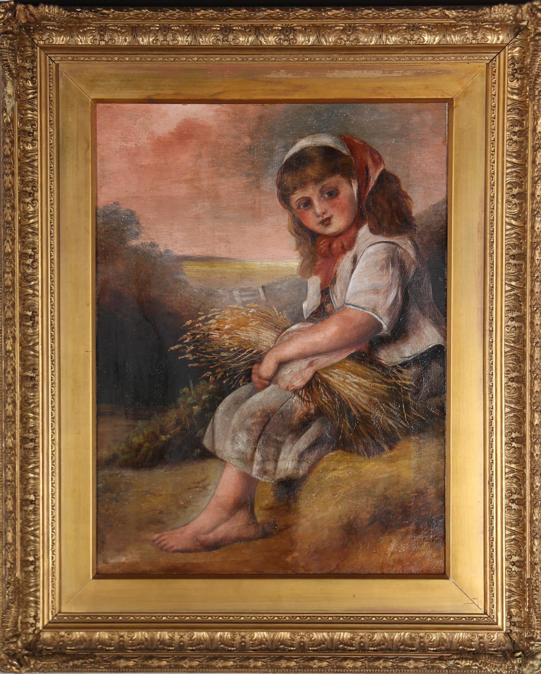 Unknown Figurative Painting – Mitte 19. Jahrhundert Öl - Mädchen mit Weizengarbe