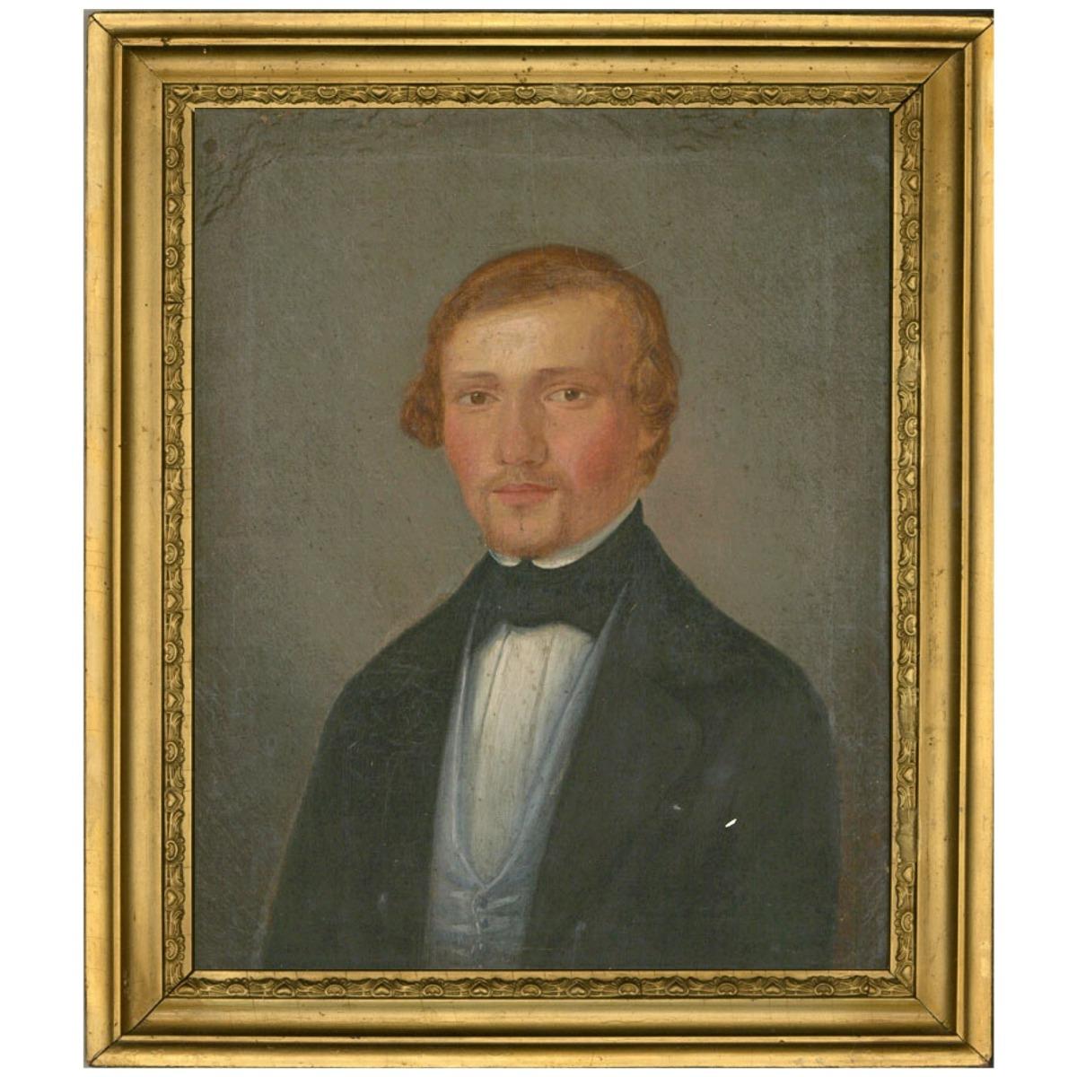 Mid 19th Century Oil - Handsome Gentleman - Black Portrait Painting by Unknown