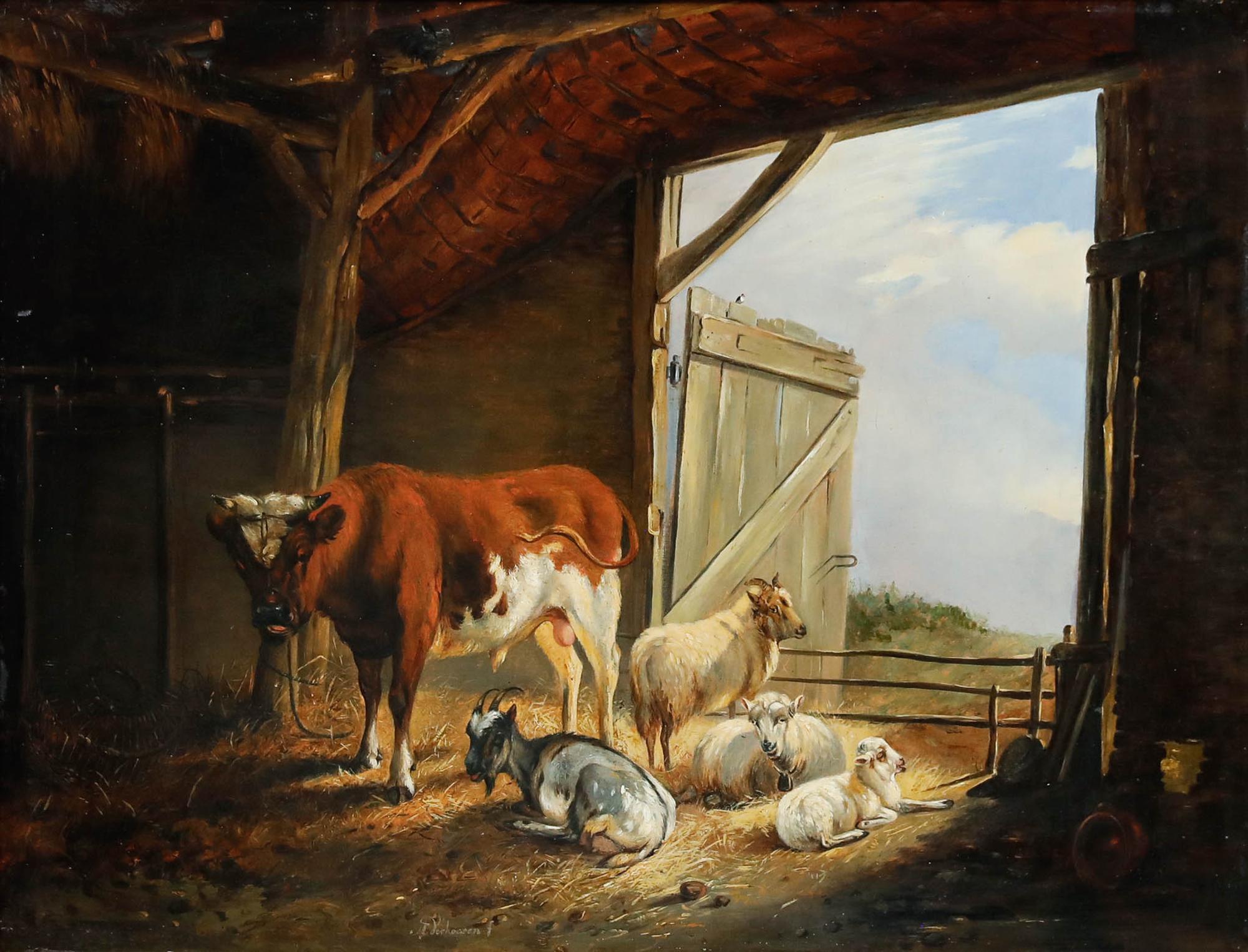 Öl aus der Mitte des 19. Jahrhunderts - Im Pferdestall – Painting von Unknown