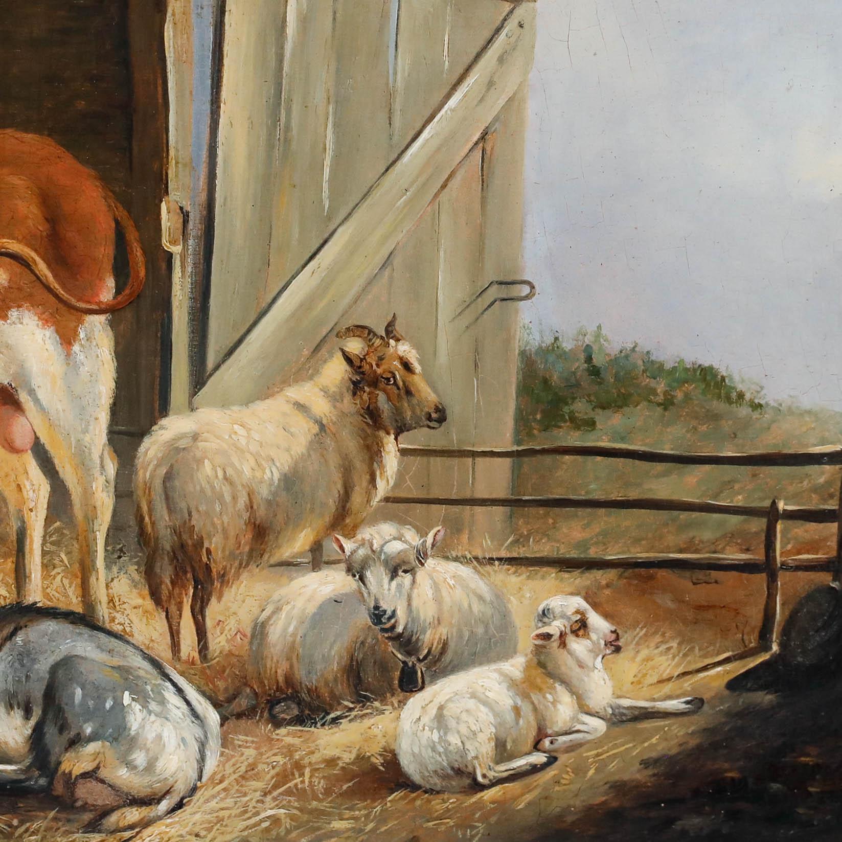 Eine charmante pastorale Szene des niederländischen Künstlers Albertus Verhoesen (1806-1881), die das ruhige Innere einer rustikalen Scheune zeigt. In warmes, goldenes Licht getaucht, das durch eine offene Tür fällt, ruhen die Tiere friedlich in