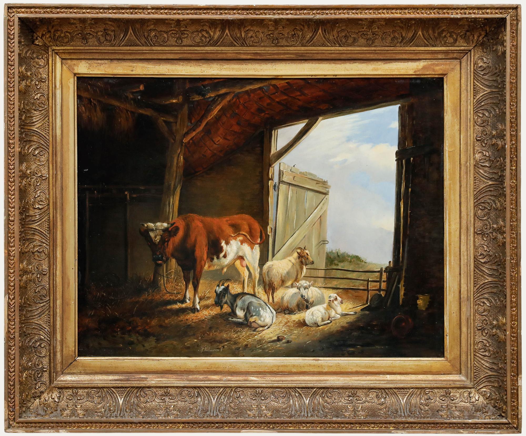 Unknown Animal Painting – Öl aus der Mitte des 19. Jahrhunderts - Im Pferdestall