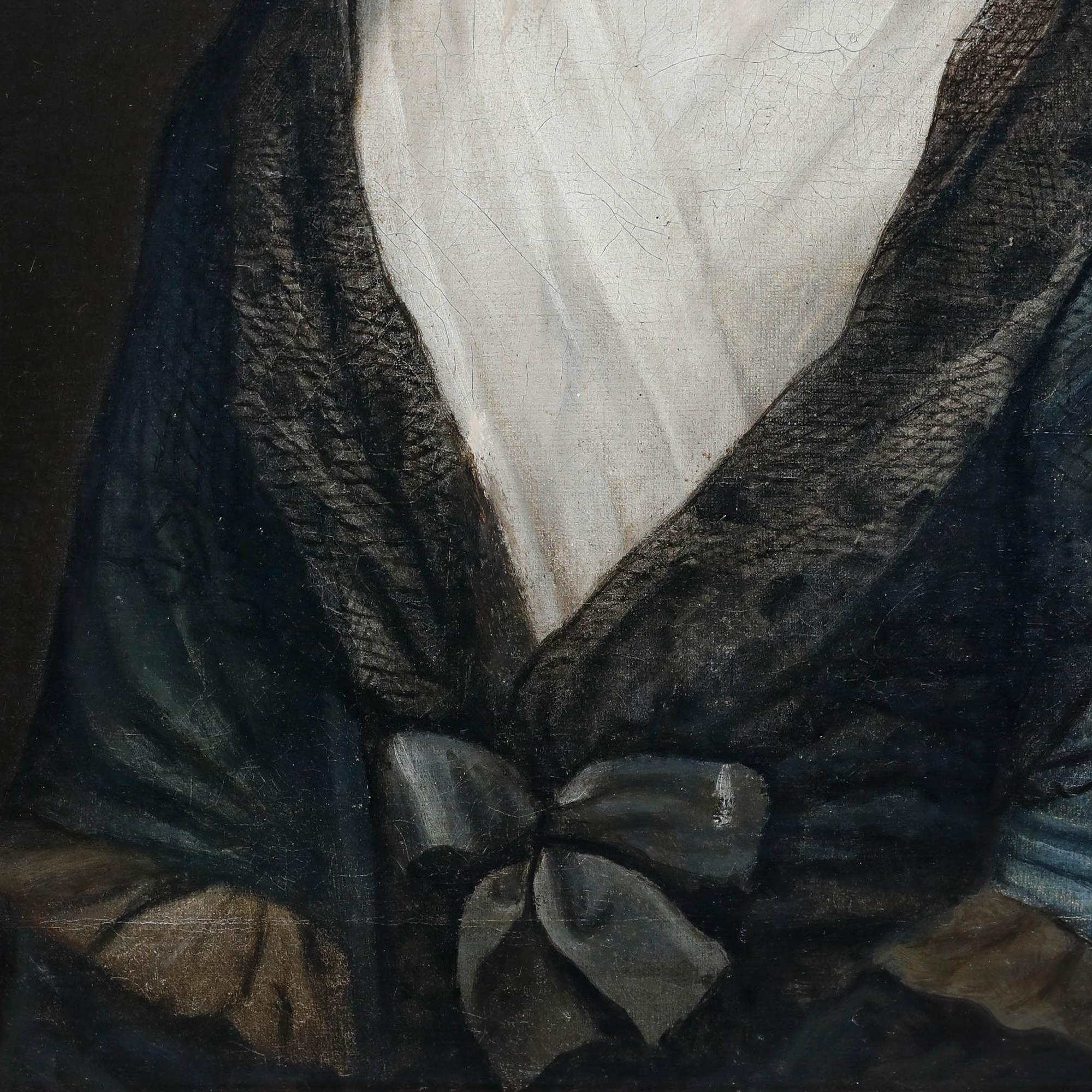 This formal mourning portrait depicts a woman in traditional mid-19th-century attire, featuring a dark dress with a distinctive white collar or shawl and a white bonnet or cap that frames her solemn expression. The composition employs a dark,