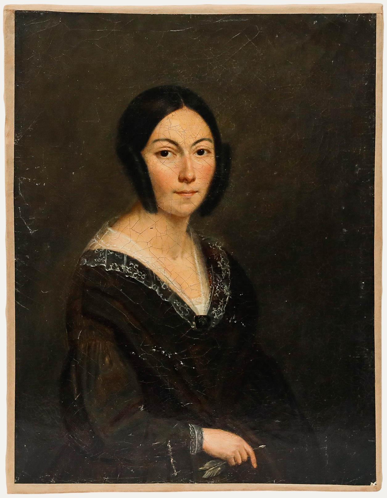 Portrait Painting di Unknown - Olio della metà del XIX secolo - Signora con penna d'oca