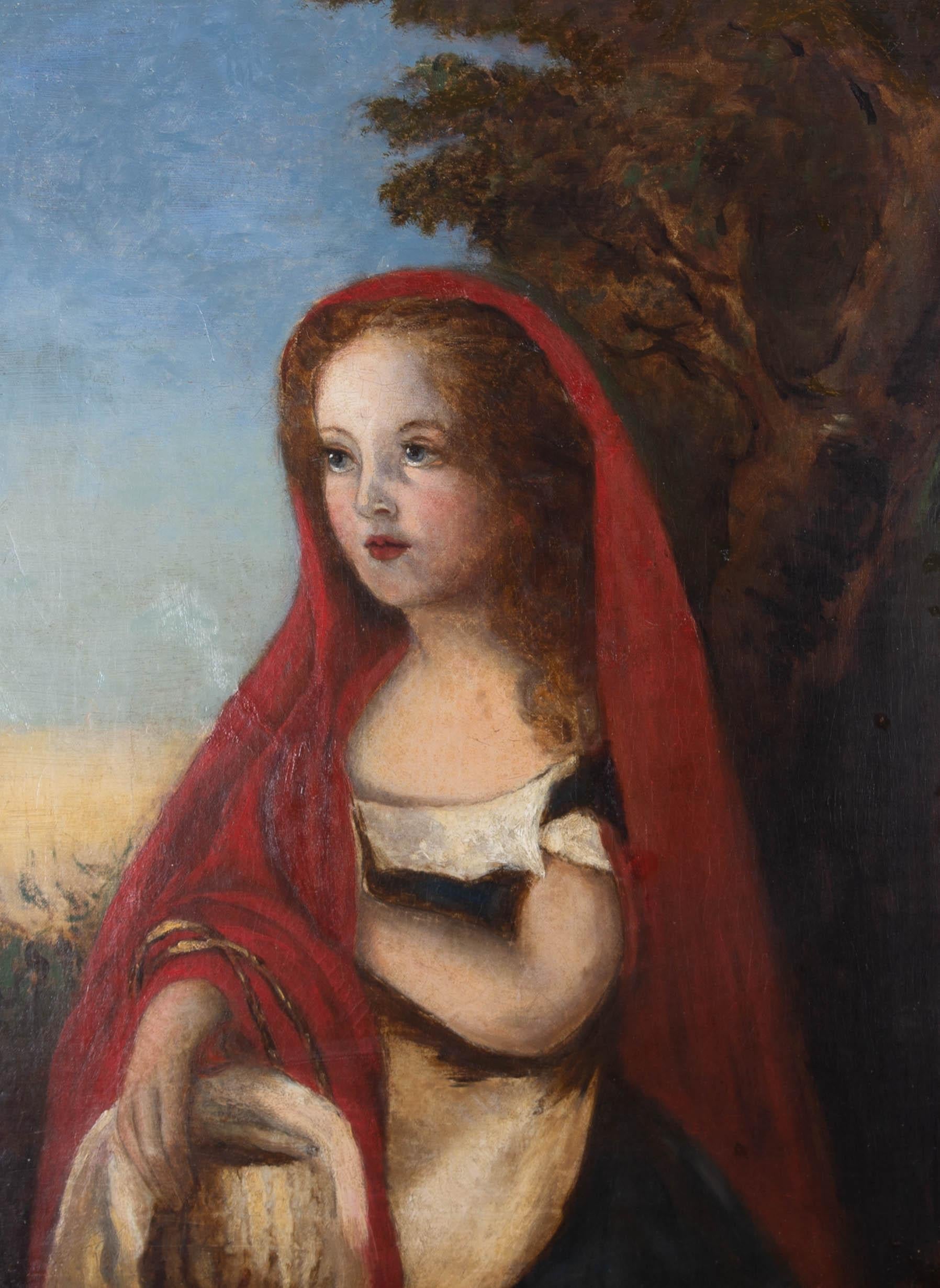 A charming mid 19th Century portrait of a pretty young girl with rosy cheeks, wearing a read cloak, carrying a basket as she looks off into the distance with a delicate smile. The painting is unsigned and presented in a contemporary frame. The