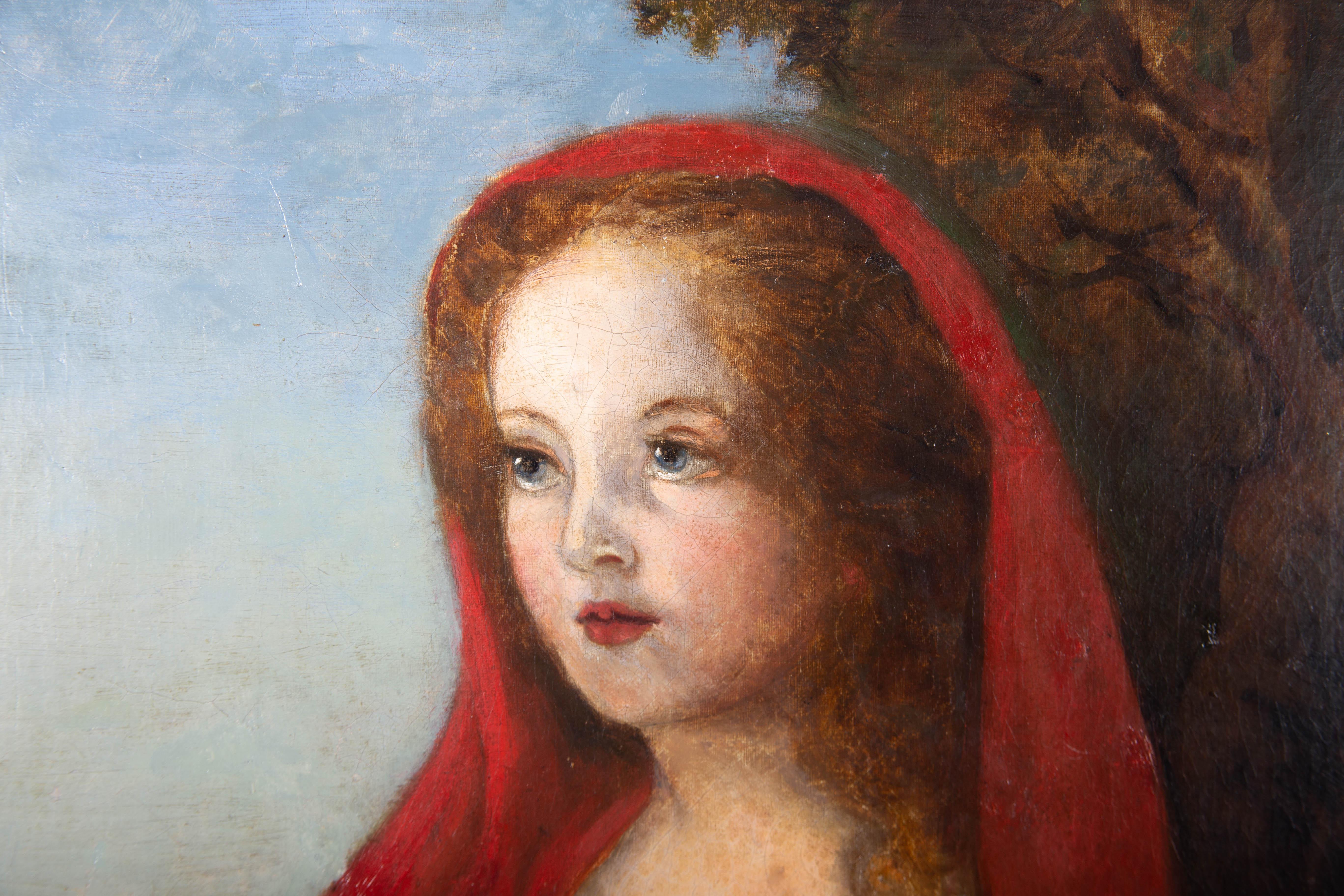 Mid 19th Century Oil - Little Girl In Red For Sale 1