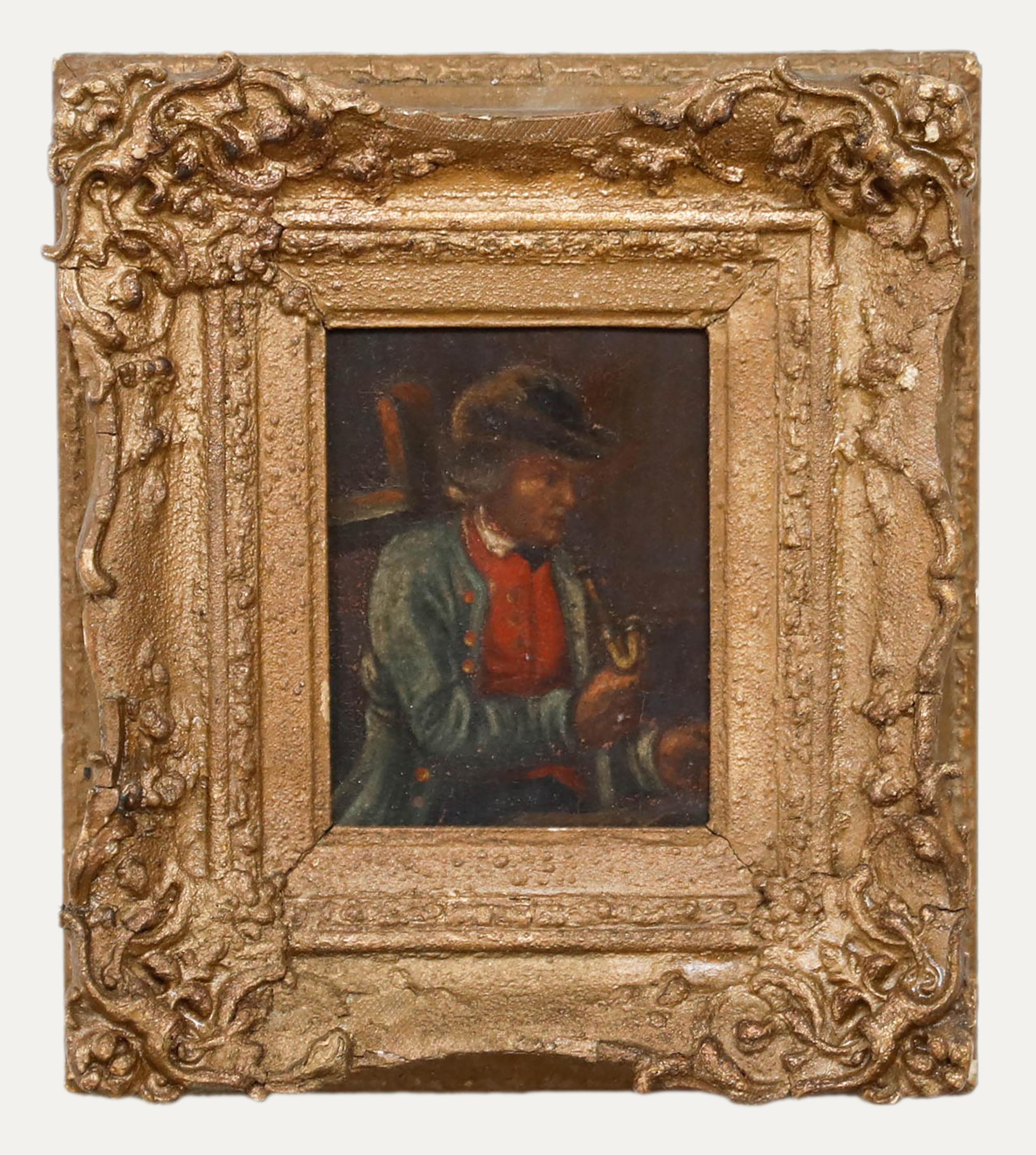 Unknown Portrait Painting – Öl aus der Mitte des 19. Jahrhunderts - Mann mit einer langen Pfeife