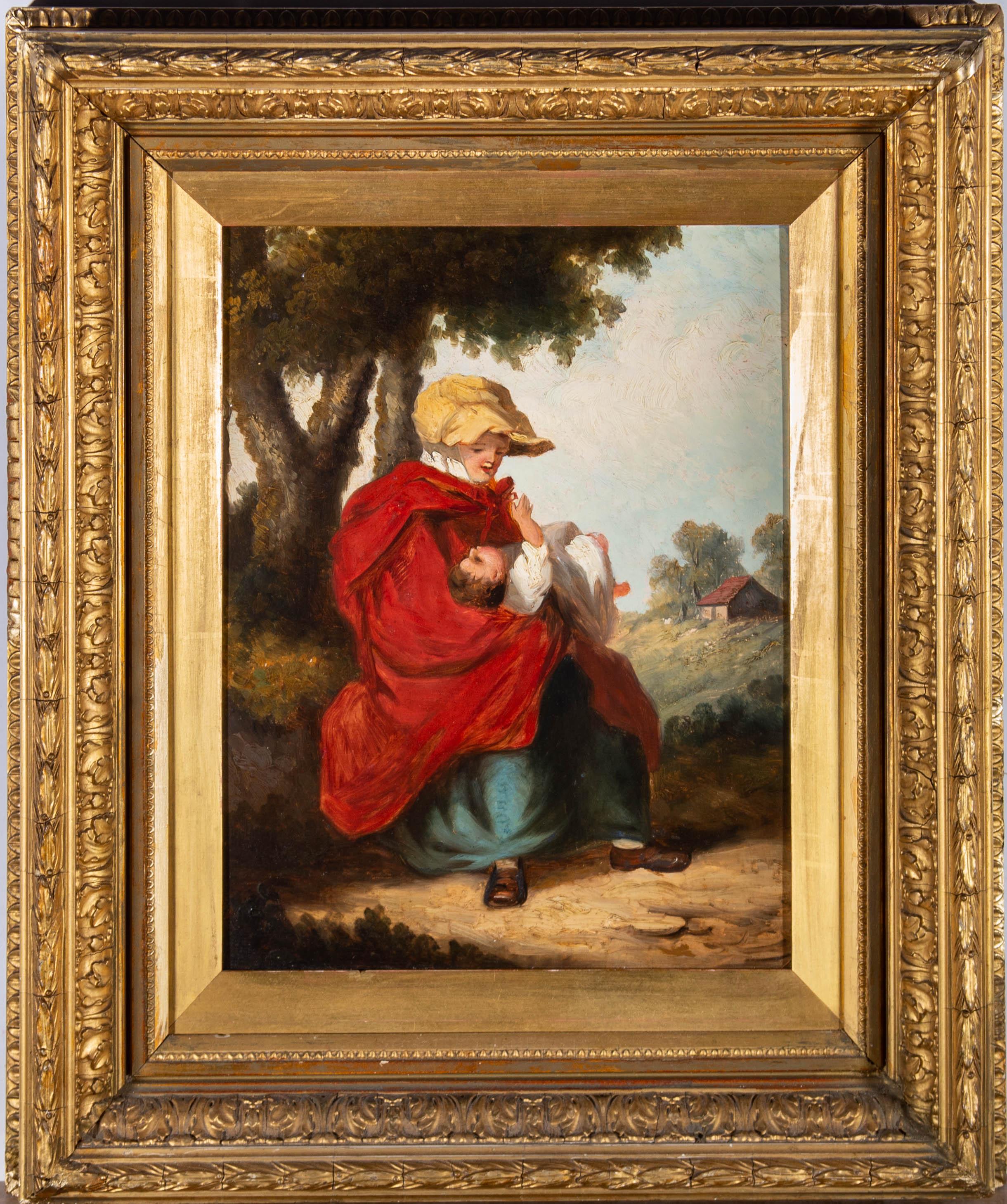 Unknown Landscape Painting - Mid 19th Century Oil - Mother And Baby Resting