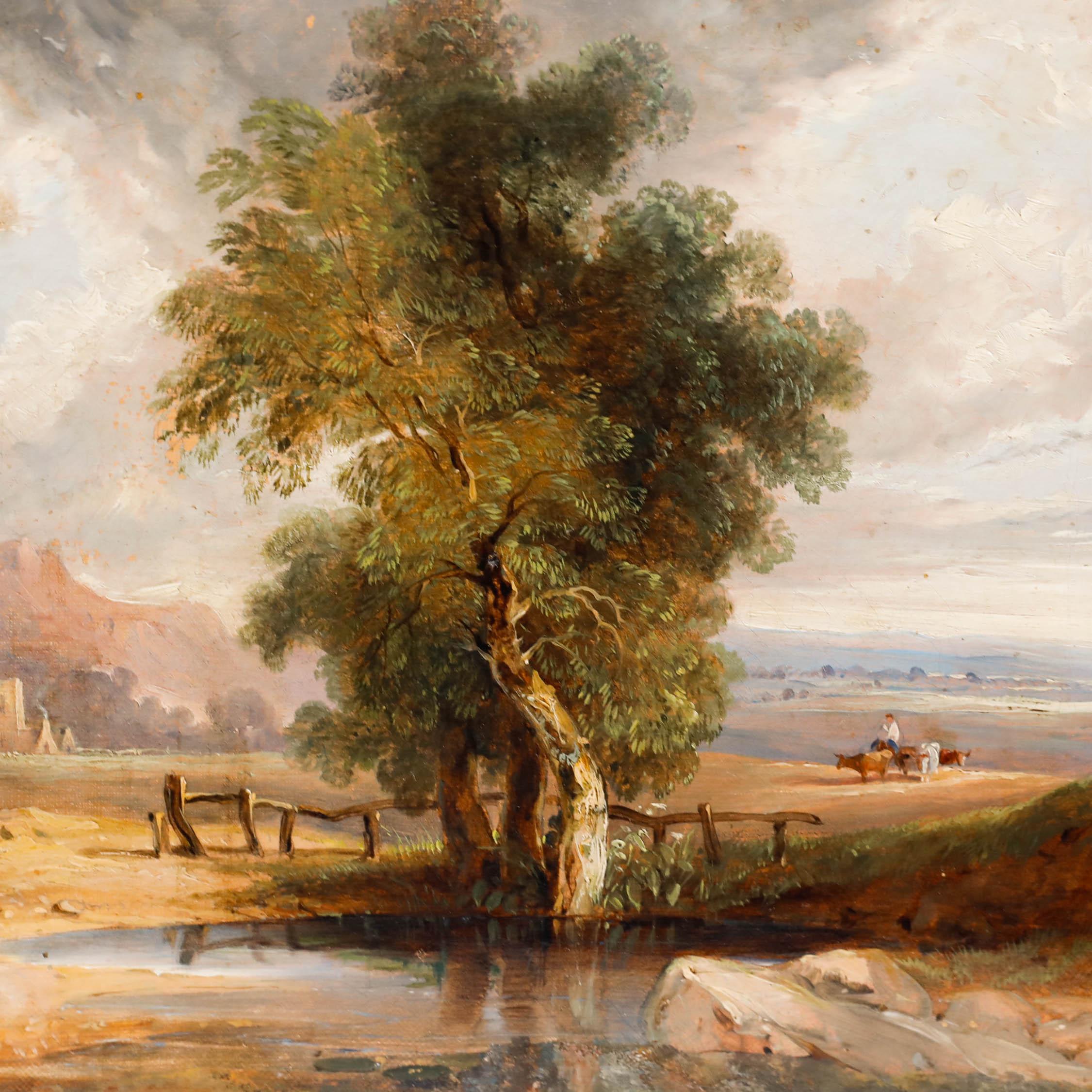 Mitte 19. Jahrhundert Öl - OAK by the Pond (Eiche am Teich) (Beige), Landscape Painting, von Unknown