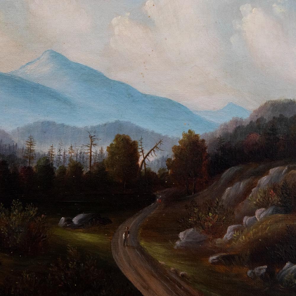 Maravilloso paisaje al óleo que muestra un camino de tierra que desaparece en un valle boscoso con montañas a lo lejos. Indistintamente firmado y fechado (¿1855?) en la parte inferior izquierda. En lienzo sobre bastidores.