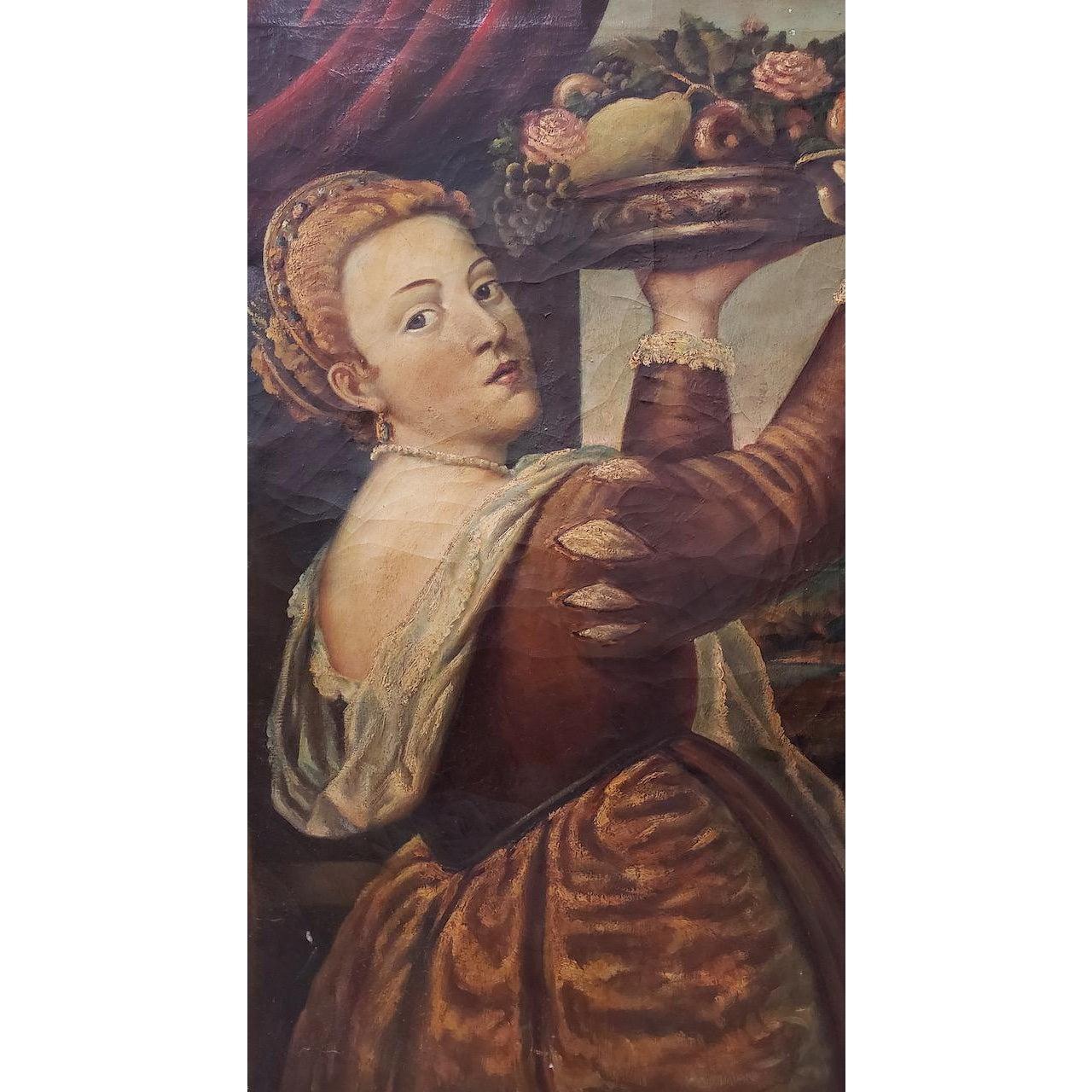 After Titian Oil Portrait of a Young Woman With Platter of Fruit c.1850s - Painting by Unknown