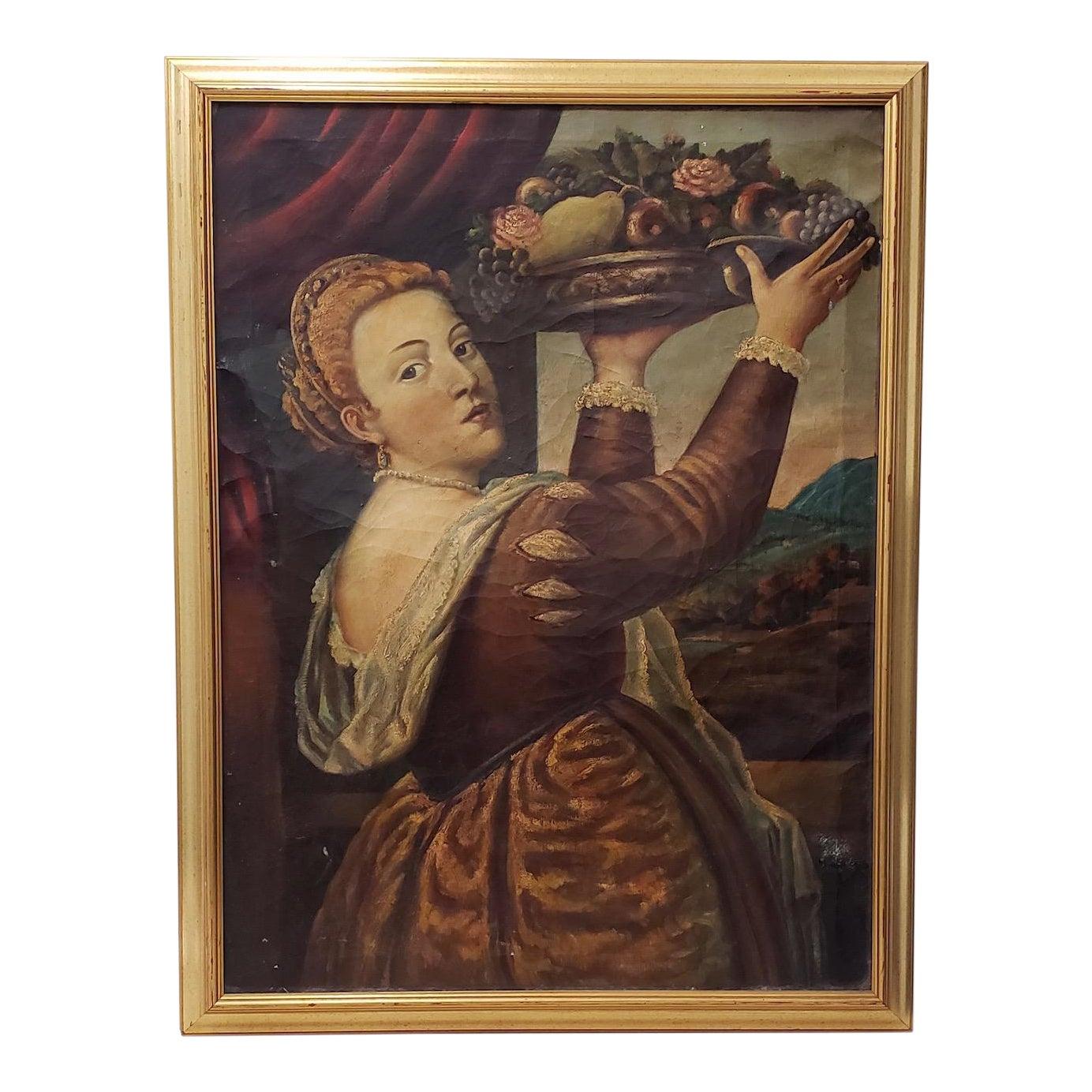 After Titian Oil Portrait of a Young Woman With Platter of Fruit c.1850s - Brown Still-Life Painting by Unknown