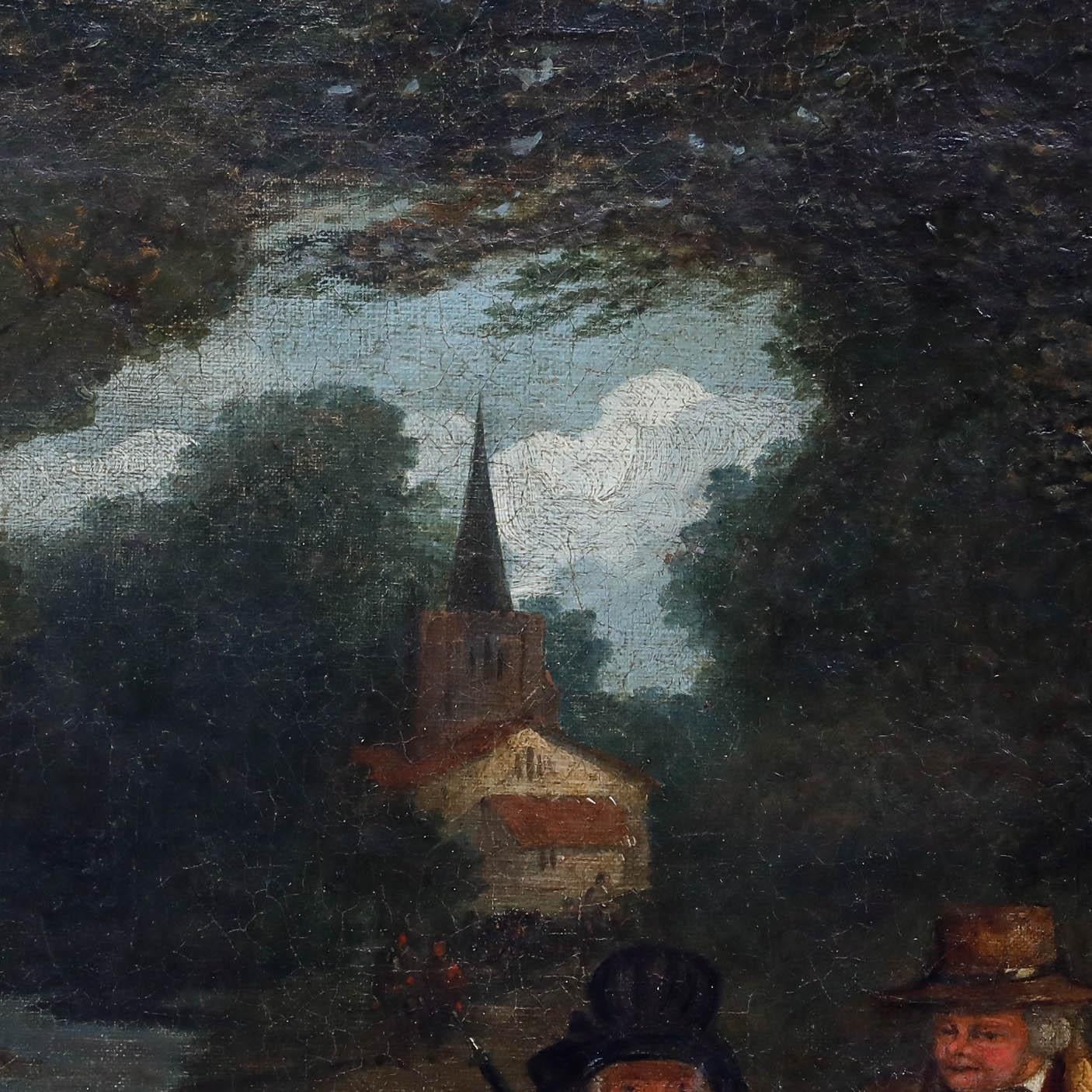 Dieses stimmungsvolle Landschaftsgemälde zeigt eine ländliche Szene mit zwei Figuren, die nach einem Gottesdienst einen Feldweg entlanggehen. Die Komposition wird von dem üppigen Grün und dem stimmungsvollen Himmel dominiert, der ein Gefühl von